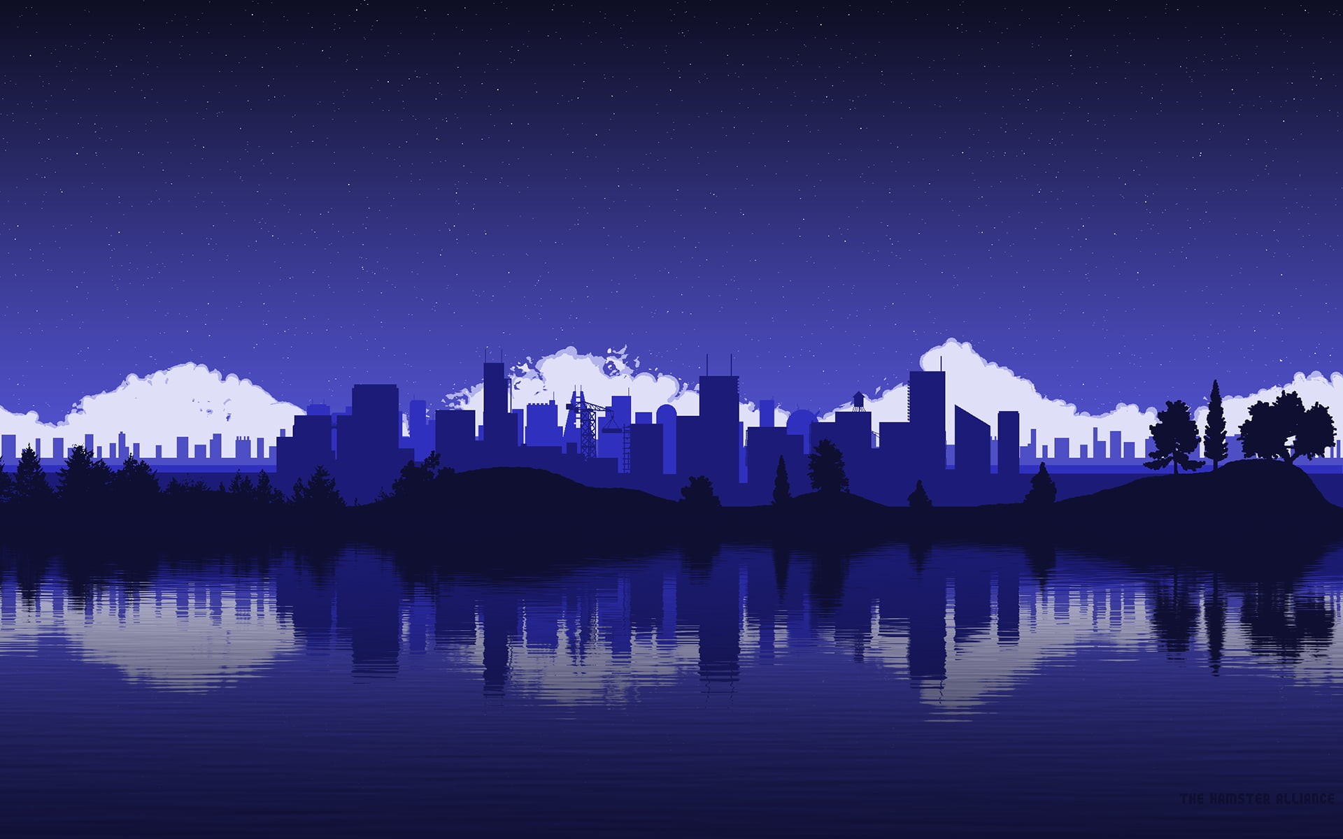 office building exterior, buildings, high, building exterior, waterfront, stars, 1080P, trees, rise, vector, night, silhouette, blue, nature, skyscraper, HD Wallpaper
