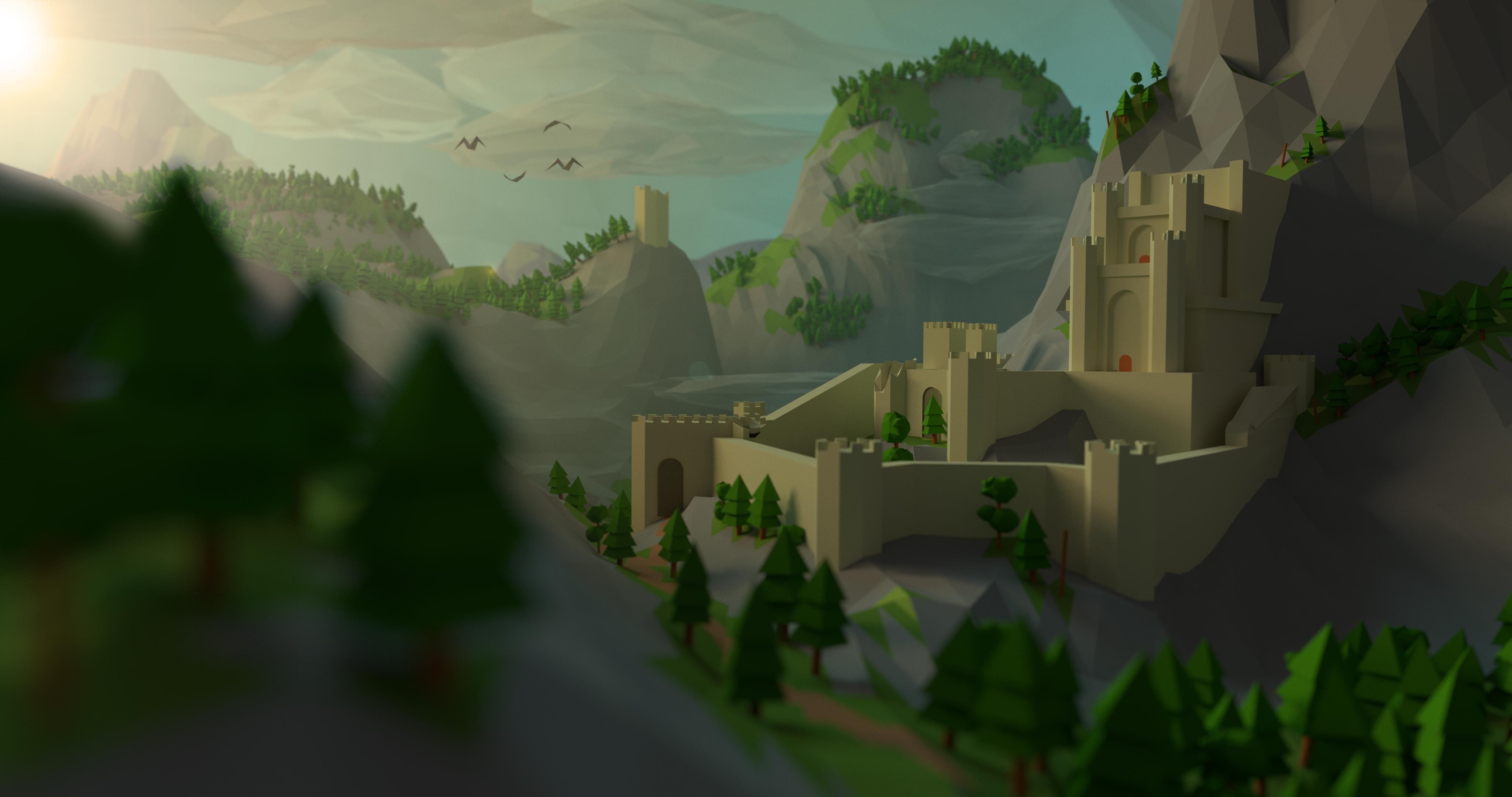 forest, Kaer Morhen, Trees, nature, Fan Art, landscape, video games, 4K, Low Poly, castle, The Witcher, The Witcher 3: Wild Hunt, 4096x2160 px, rock, birds, HD Wallpaper