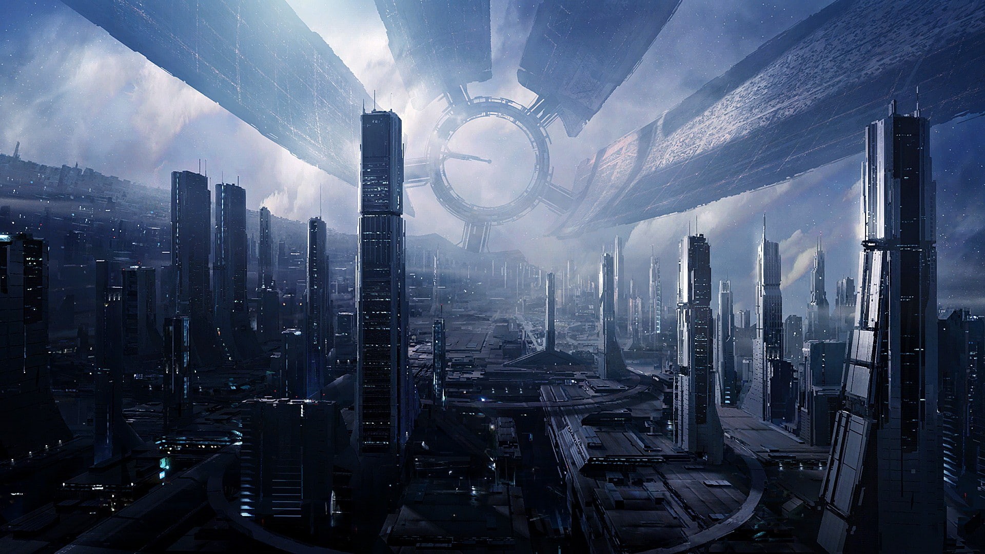 city, Mass Effect 2, skyscraper, technology, Citadel (Mass Effect), Citadel, science fiction, nebula, aliens, Mass Effect 3, space, digital art, 1080P, HD Wallpaper