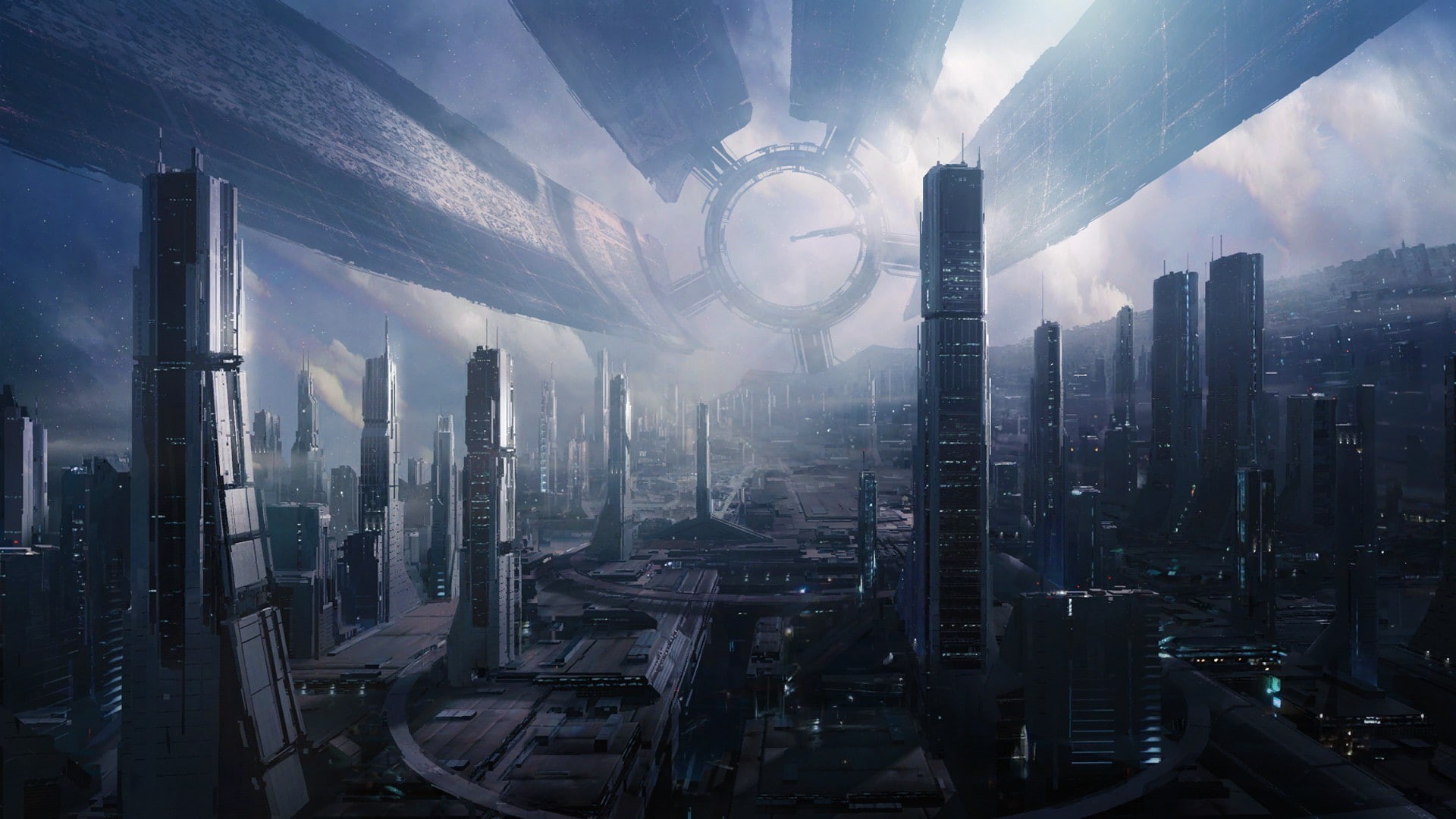 office building exterior, Space Station, building, outdoors, tall - high, modern, 1080P, tower, Mass Effect 3, building exterior, built structure, nature, HD Wallpaper