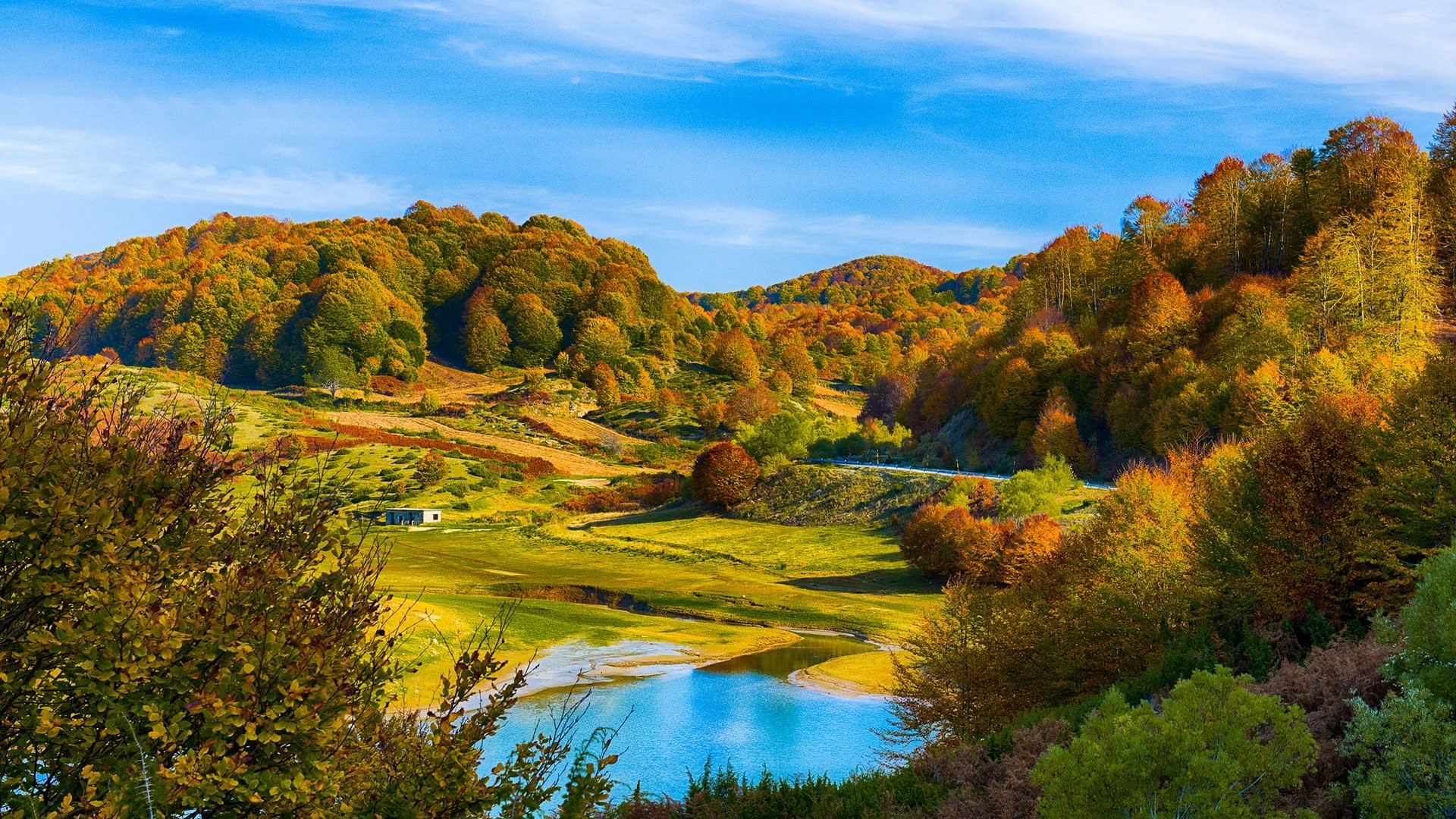 Scenery, Lake, Hills, Autumn, House, Forest, 1080P, HD Wallpaper
