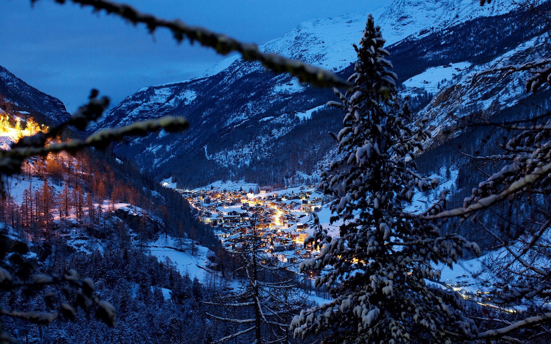 Alps, Switzerland, Mountains, Snow, Trees, House, Winter, 1080P, Night, HD Wallpaper