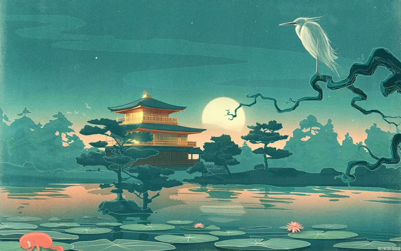 animal, architecture, nature trees branch animals birds asian architecture house moon water lake leaves night stars water lilies artwork japanese drawing forest, HD Wallpaper