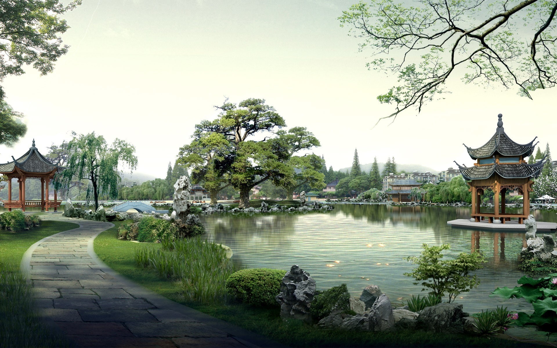 pavilion, lake, garden, landscape, path, Asian architecture, 1080P, HD Wallpaper