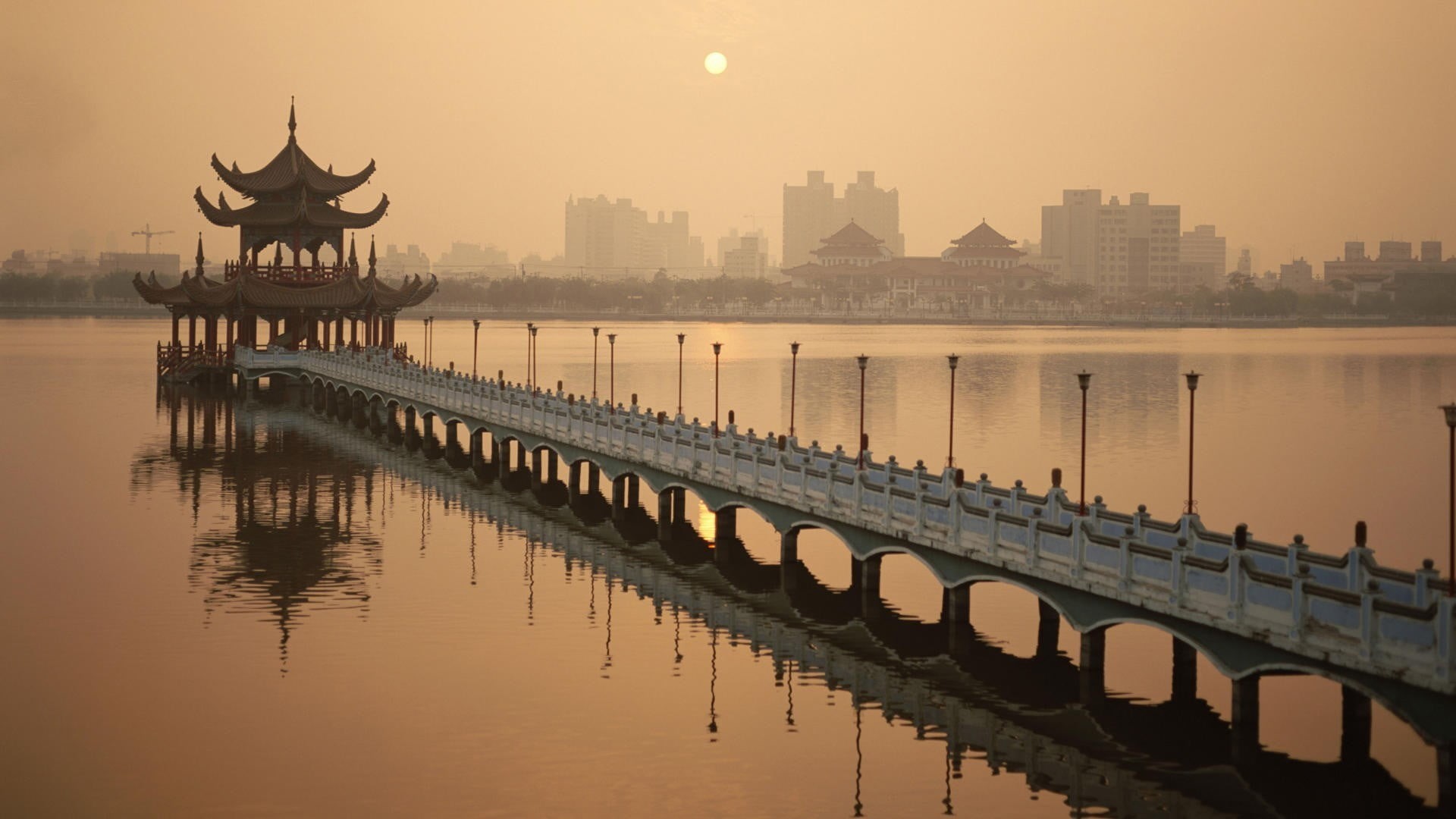 sky, history, 1080P, building exterior, building, cityscape, Asian architecture, waterfront, pavilion, built structure, reflection, sun, nature, bridge, HD Wallpaper