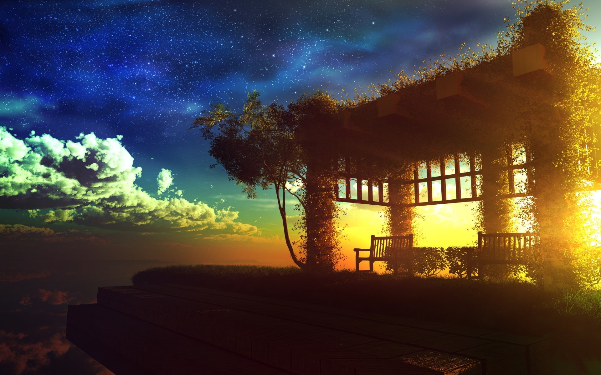 beautiful scenery, pavilion, anime, sunset, beautiful, scenery, 1080P, HD Wallpaper