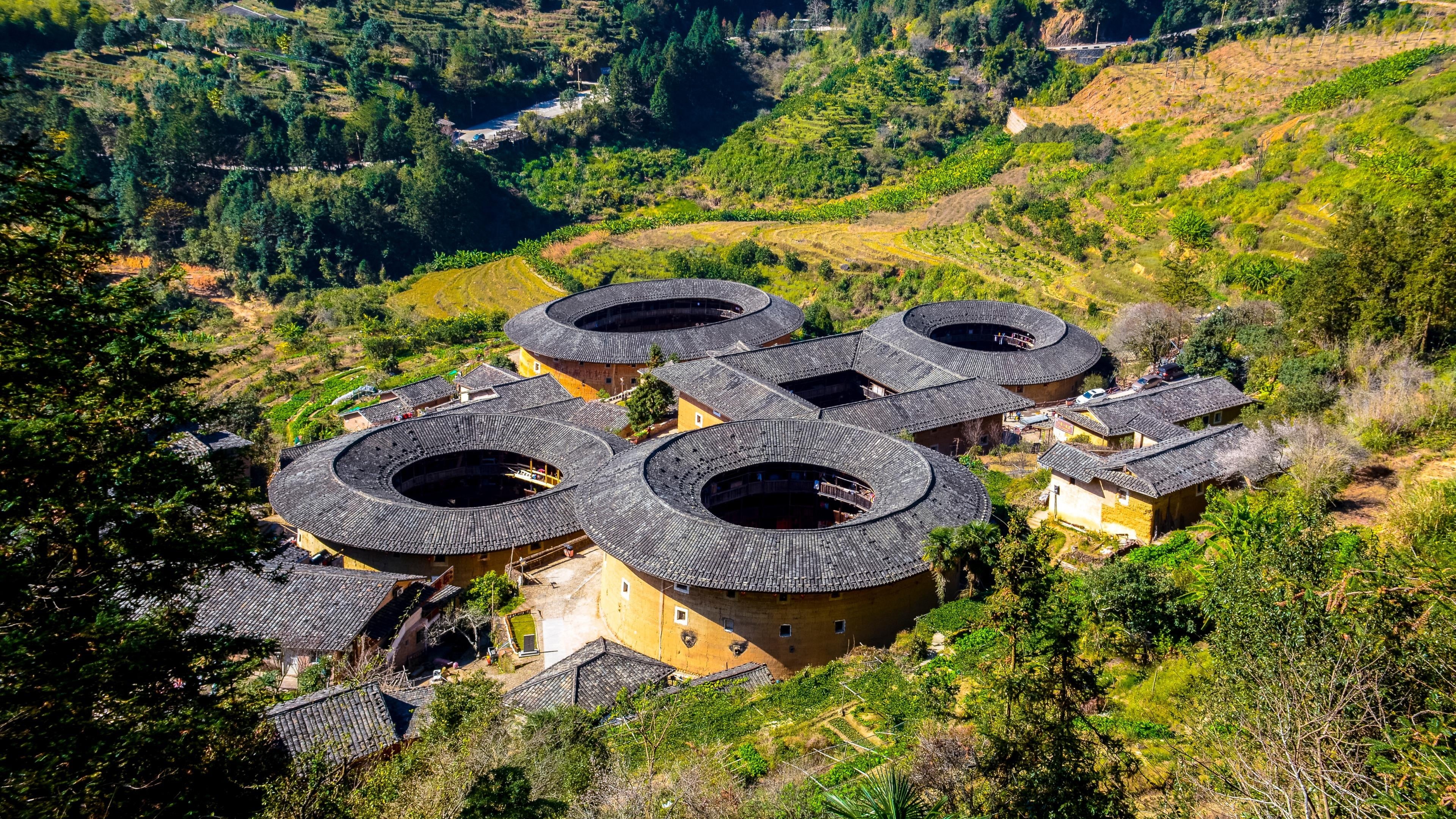land, zhangzhou, green color, china, xiamen, nature, tire, geometric shape, no people, nanjing, 4K, chinese architecture, circle, fujian tulou cluster, HD Wallpaper