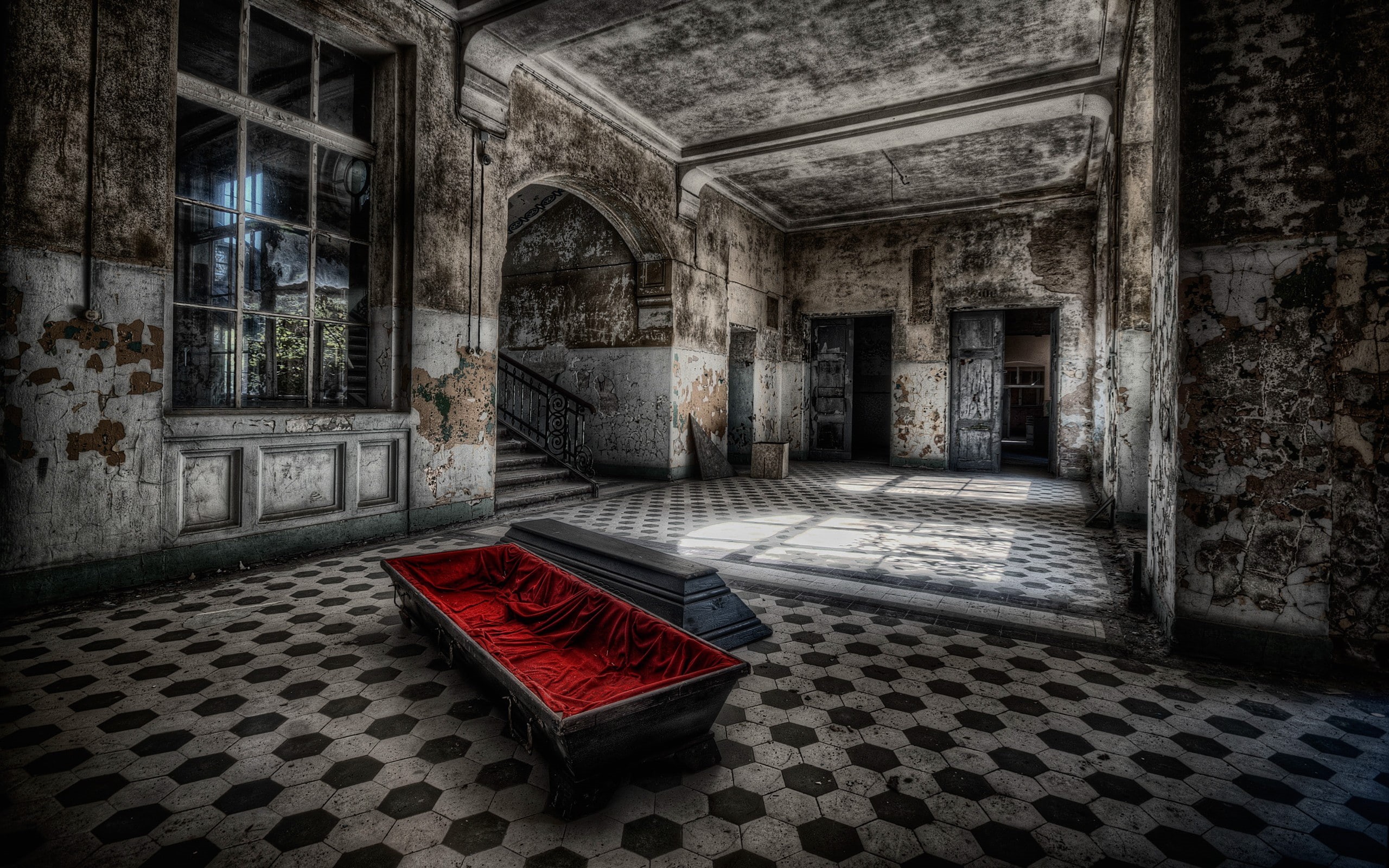 built structure, ceiling, no people, stairs, history, furniture, tiled floor, architecture, domestic room, arch, ruin, entrance, 2K, old, bed, door, abandoned, HD Wallpaper
