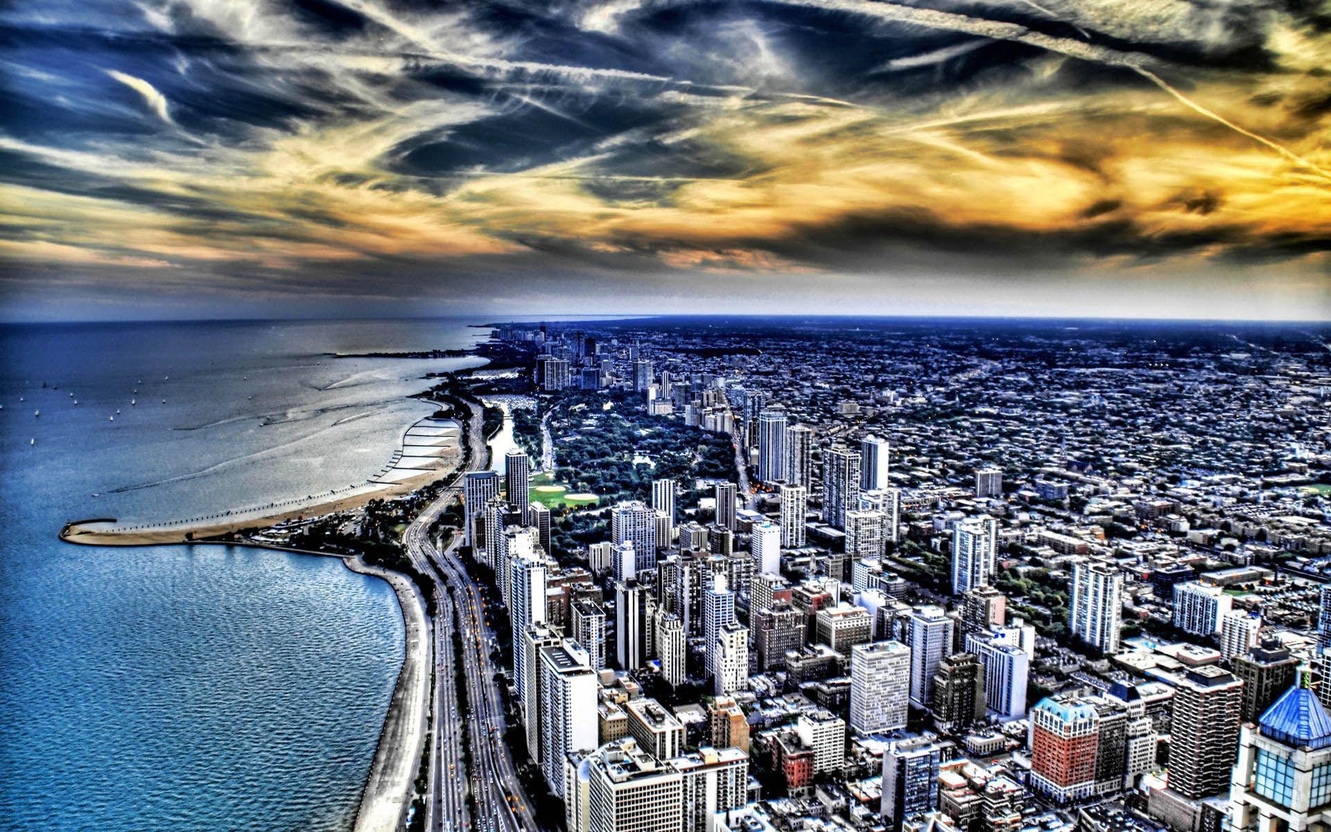 photograph, view, chicago, skyline, aerial, 1080P, world, 1920x1200, city, coastline, illinois, HD Wallpaper