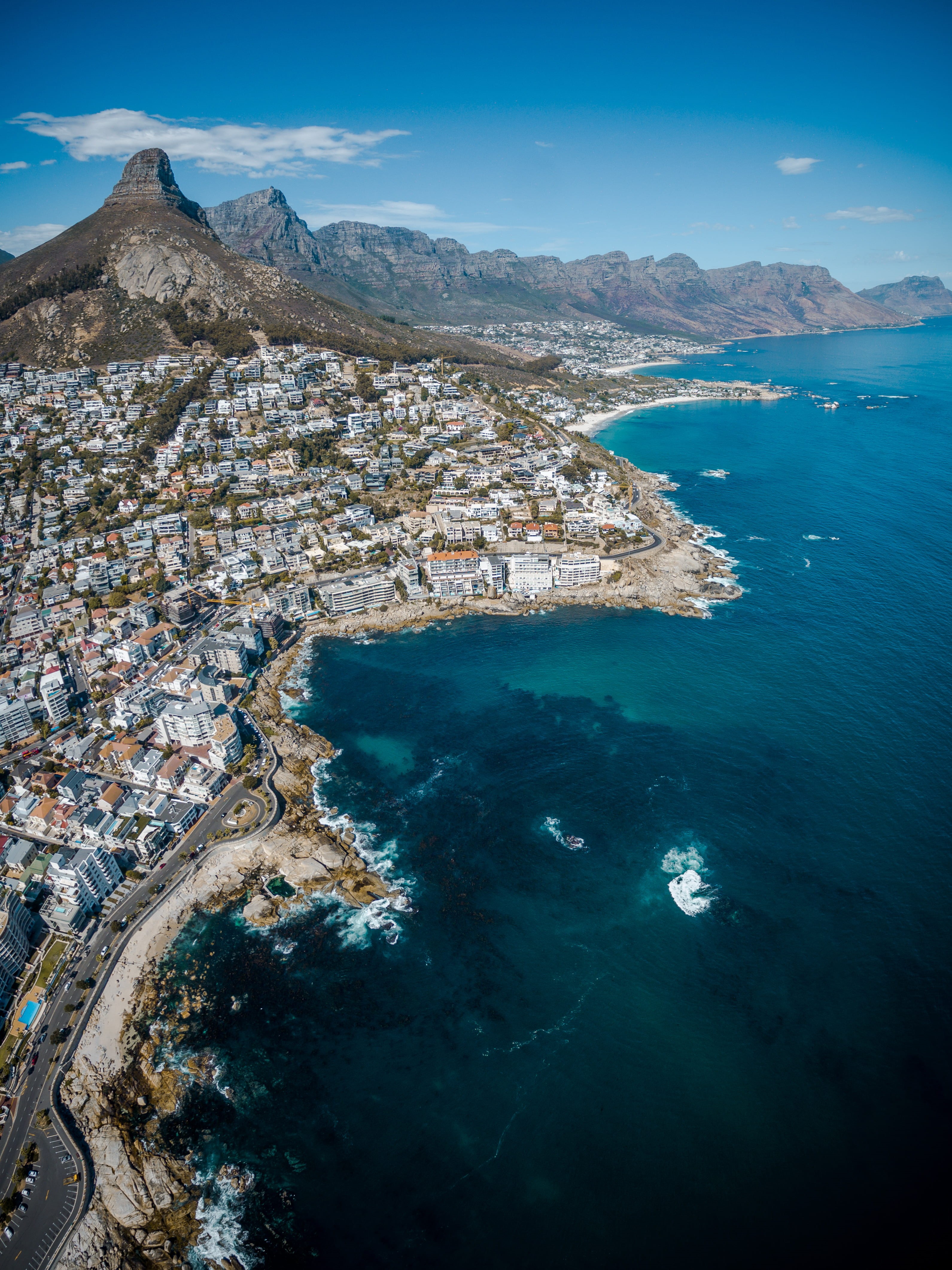 building exterior, beside, south africa, aerial view, built structure, photographer, high angle view, 4K, mountain, aerial, blue, luxury, sea, mountains, Phone HD Wallpaper