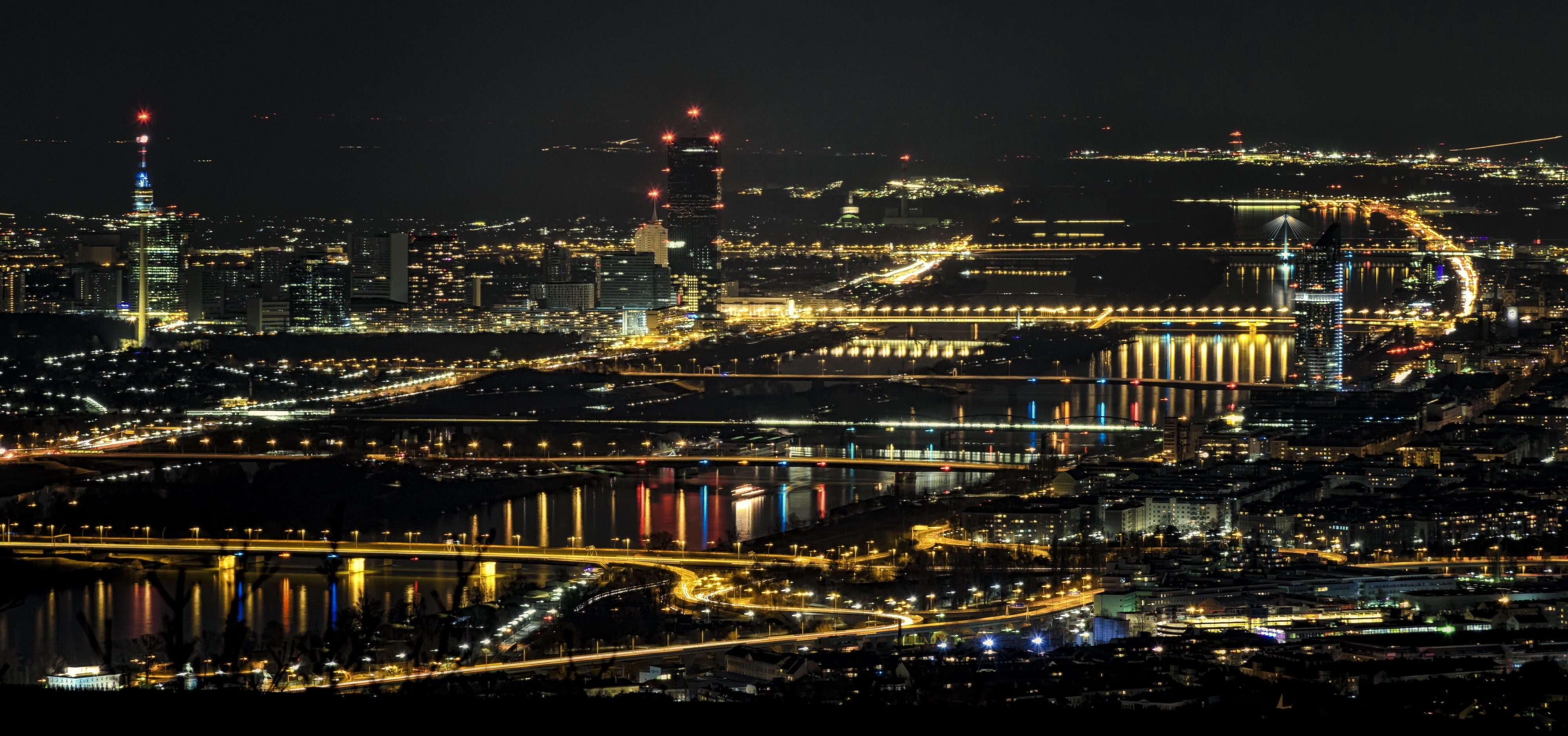 capital, building exterior, destination, bridge, austria, outdoors, built structure, no people, reflection, 4K, europe, danube, financial district, vienna, HD Wallpaper