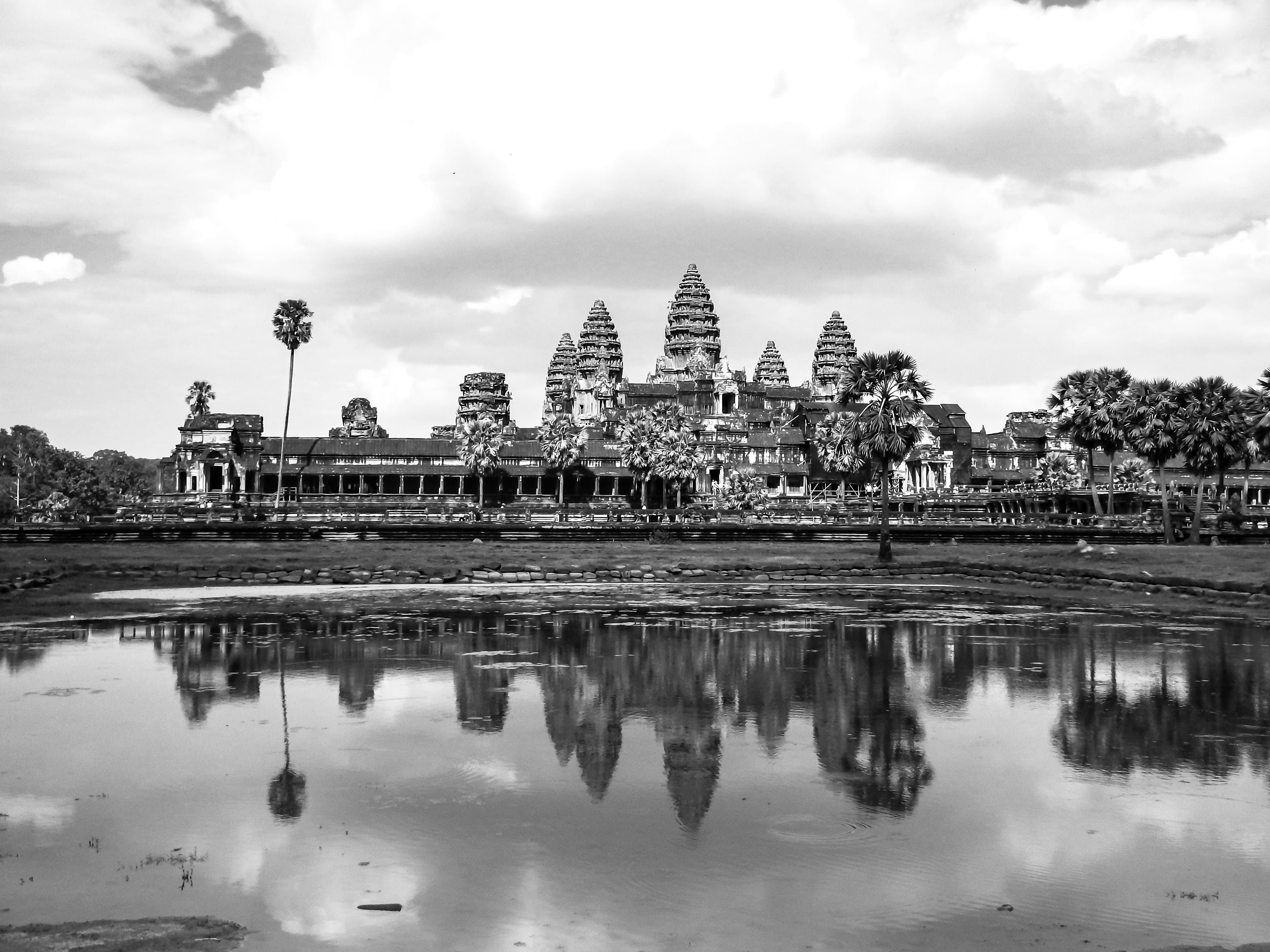 sky, cloud - sky, cambodia, nature, religion, travel destinations, building, built structure, architecture, 4K, ancient civilization, water, outdoors, HD Wallpaper
