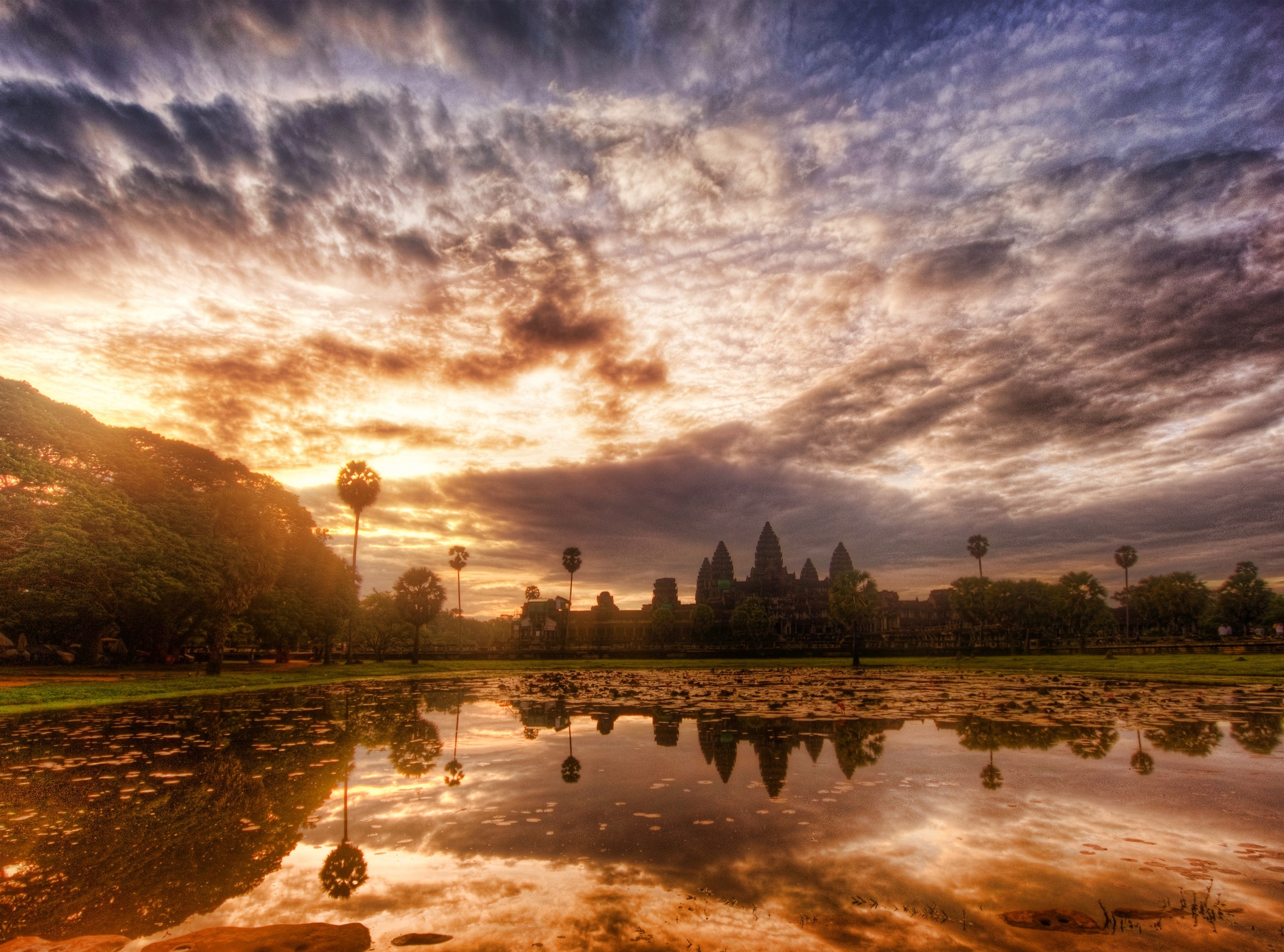 architecture, Sunset, Asia, beauty in nature, no people, religion, nature, travel destinations, tranquility, Clouds, wat, reflection, cloud - sky, sun, HD Wallpaper