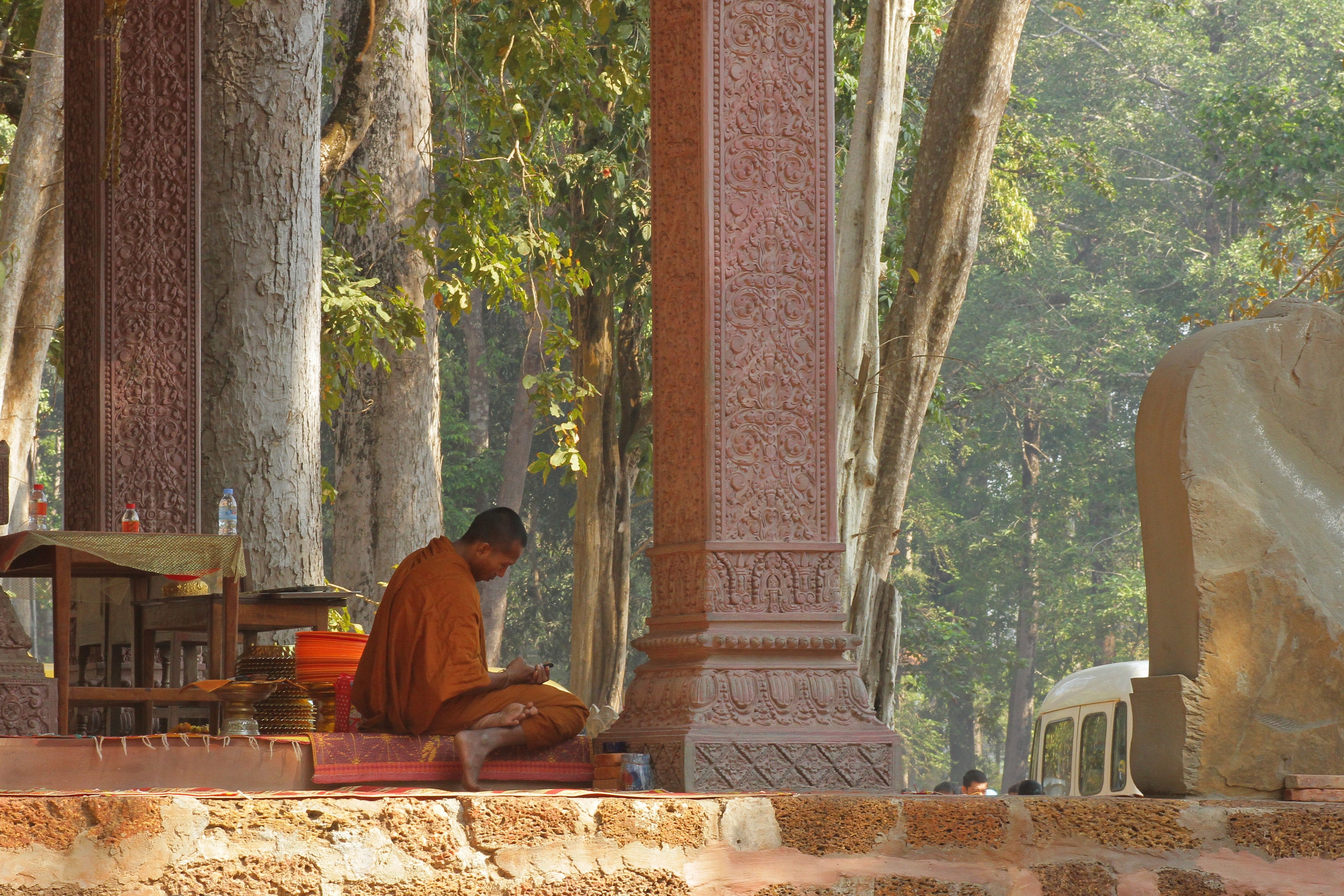 angkor wat, 4K, monk, lifestyles, seat, religion, buddhist, spirituality, plant, asia, day, leisure activity, architectural column, one person, tree, sitting, HD Wallpaper