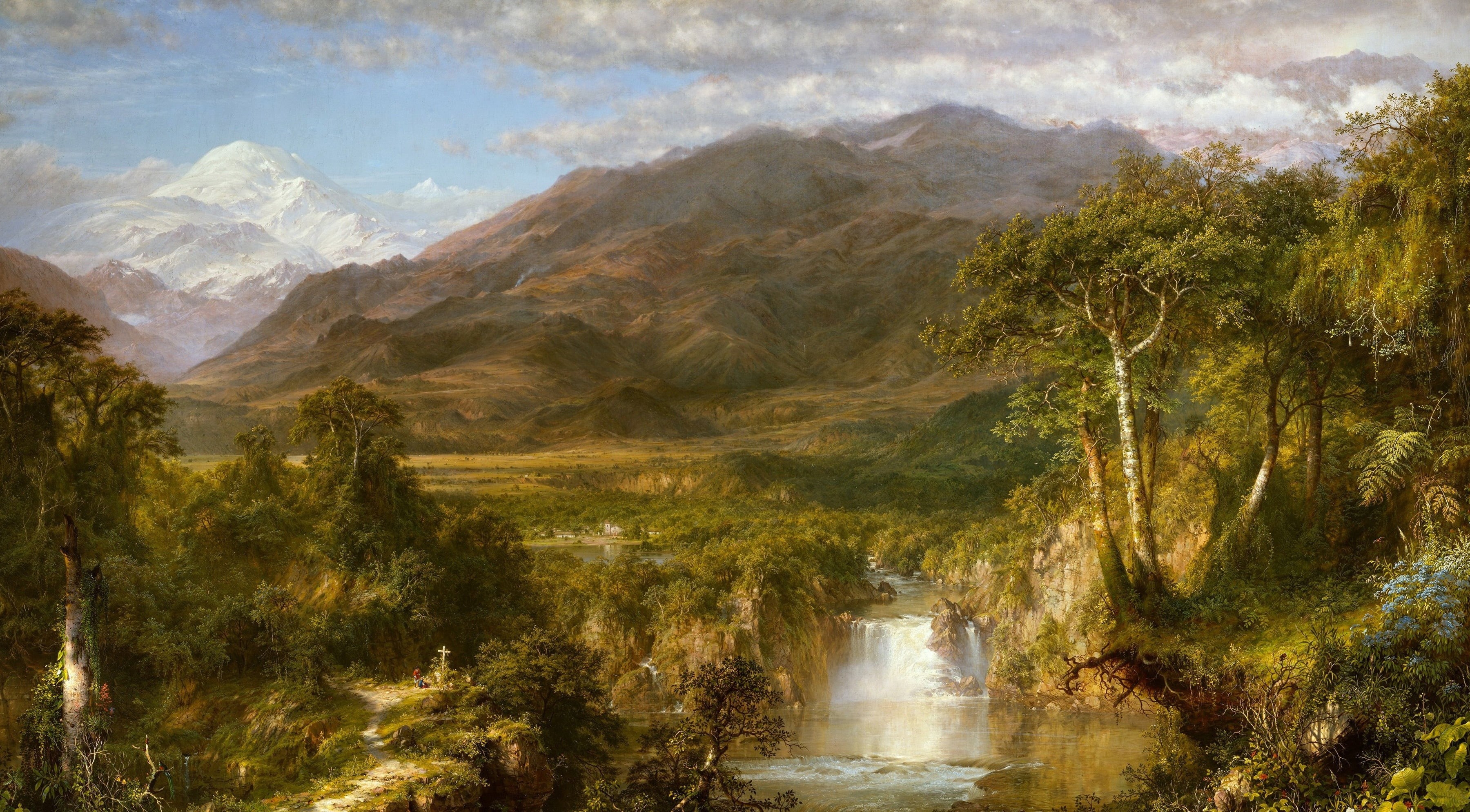 day, flowing water, 2K, land, rock - object, Frederic Edwin Church, no people, nature, mountain range, mountain, Heart Of The Andes, tree, rock, environment, HD Wallpaper