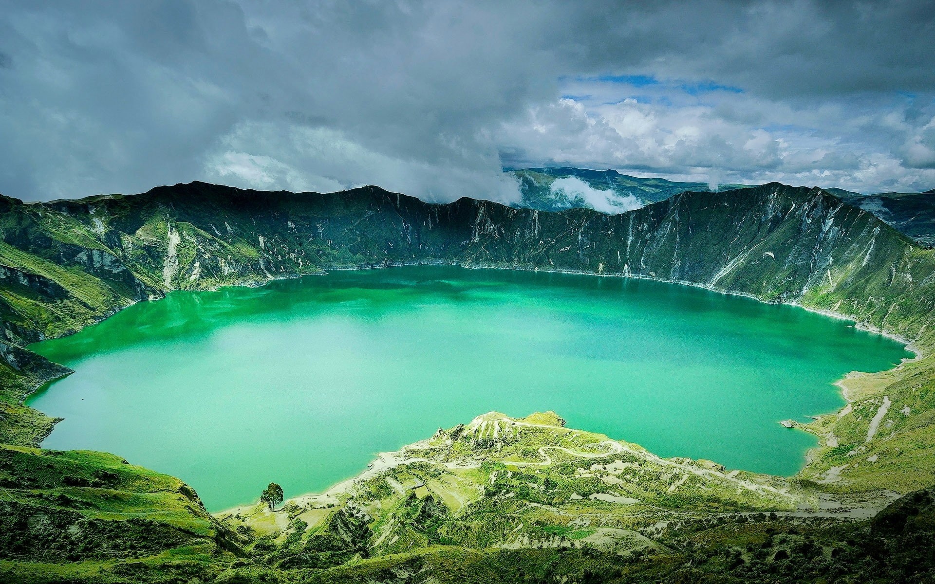 no people, 1080P, clouds, tranquil scene, beauty in nature, lagoon, green, Ecuador, turquoise colored, mountain peak, environment, travel, power in nature, HD Wallpaper