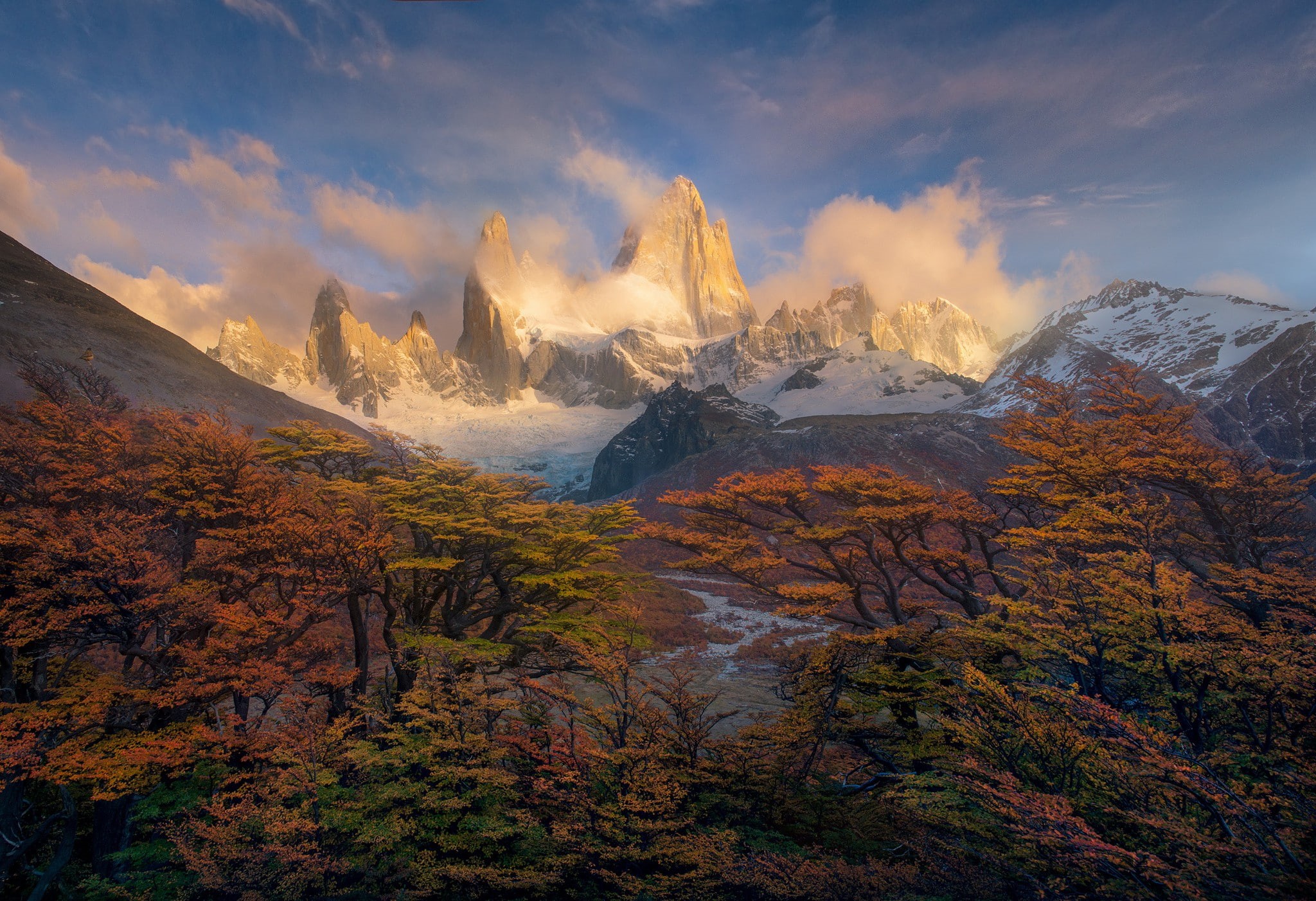morning, paint, autumn, 1080P, trees, america, Patagonia, South America, the Andes peaks, mountains, south, HD Wallpaper