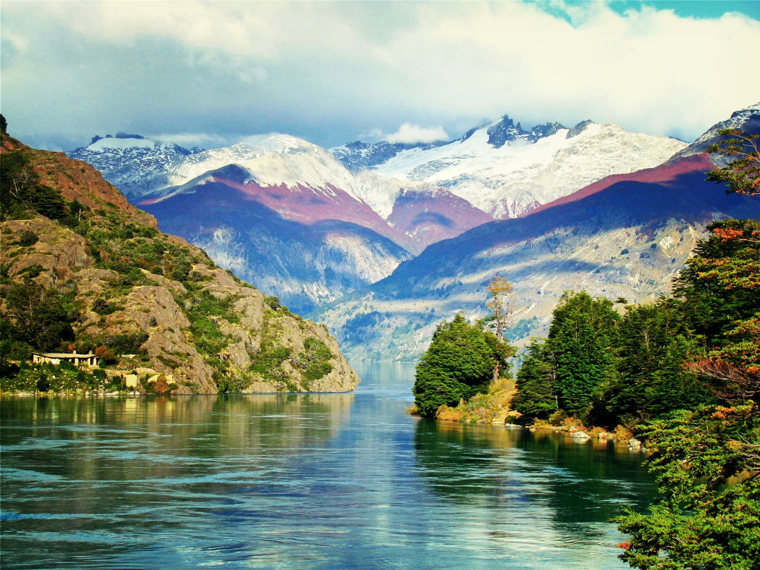water, fjord, nature, trees, landscape, mountains, Chile, 2K, Patagonia, Andes, snowy peak, HD Wallpaper
