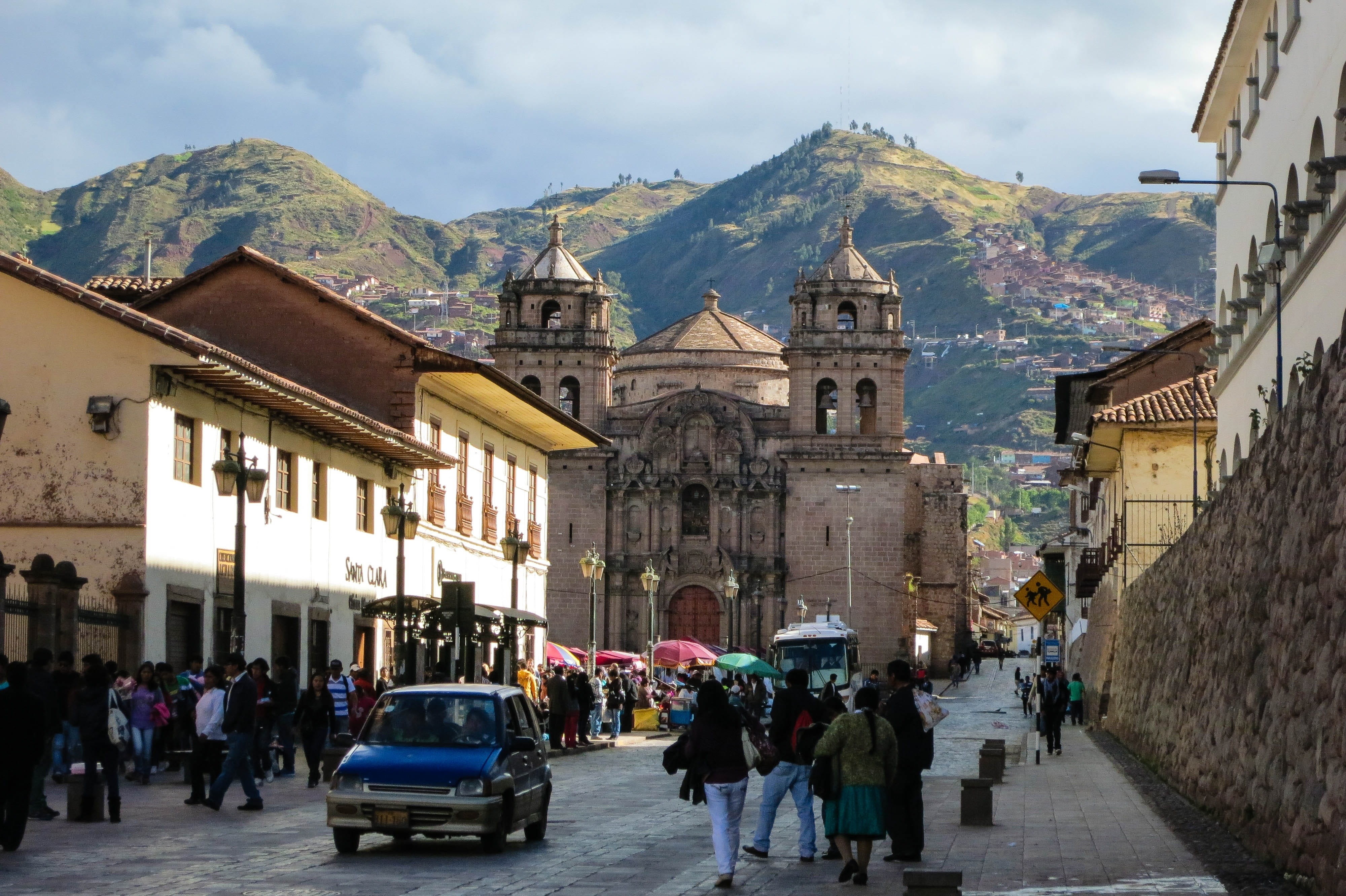 pedestrians, hills, group of people, crowd, land vehicle, Cusco, sky, adult, city, car, mountains, buildings, peru, mode of transportation, near, transportation, HD Wallpaper