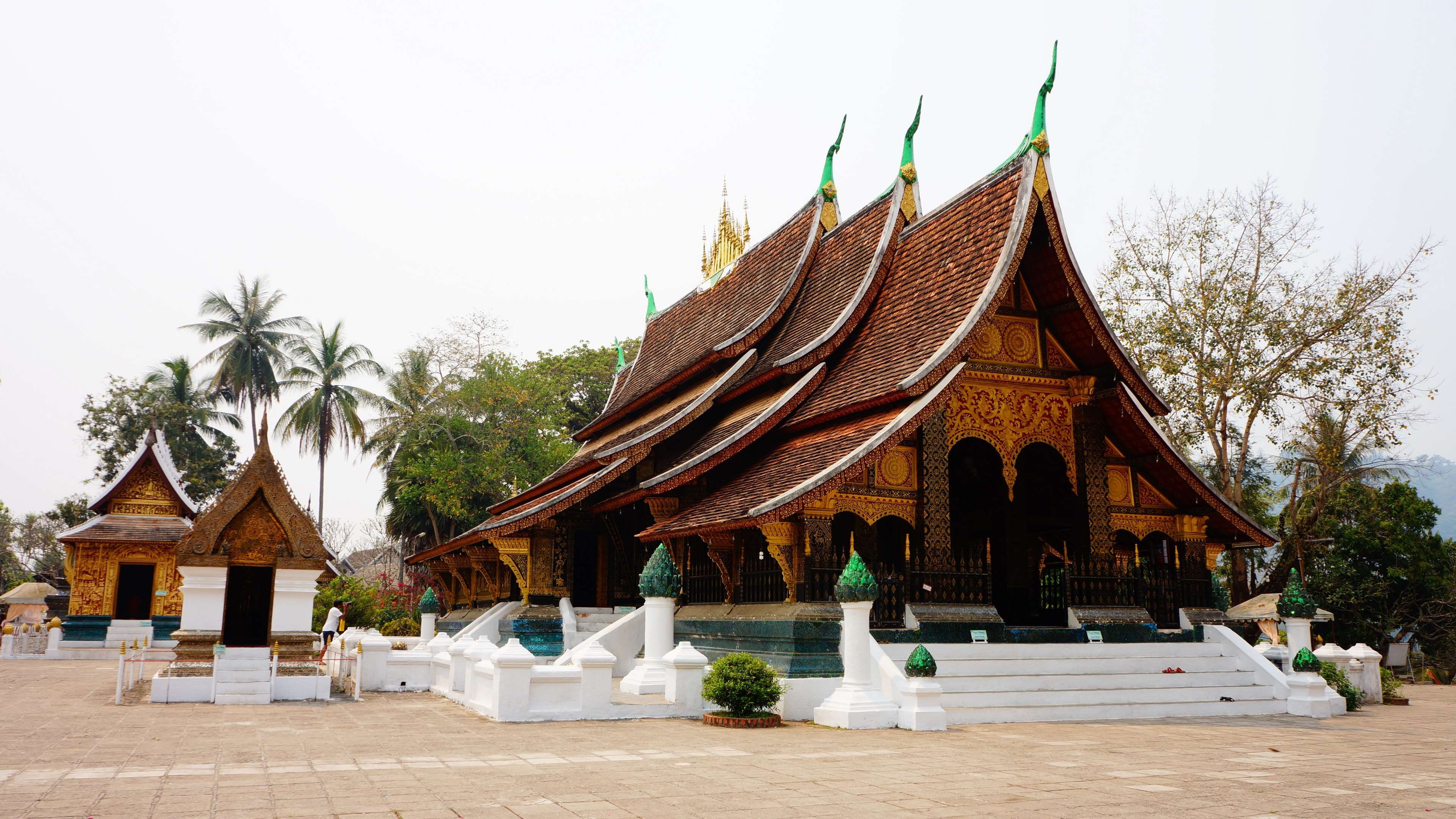 lao, place of worship, day, pagoda, luang prabang, temple, tree, travel destinations, belief, nature, wat xieng thong, built structure, religion, ornate, HD Wallpaper