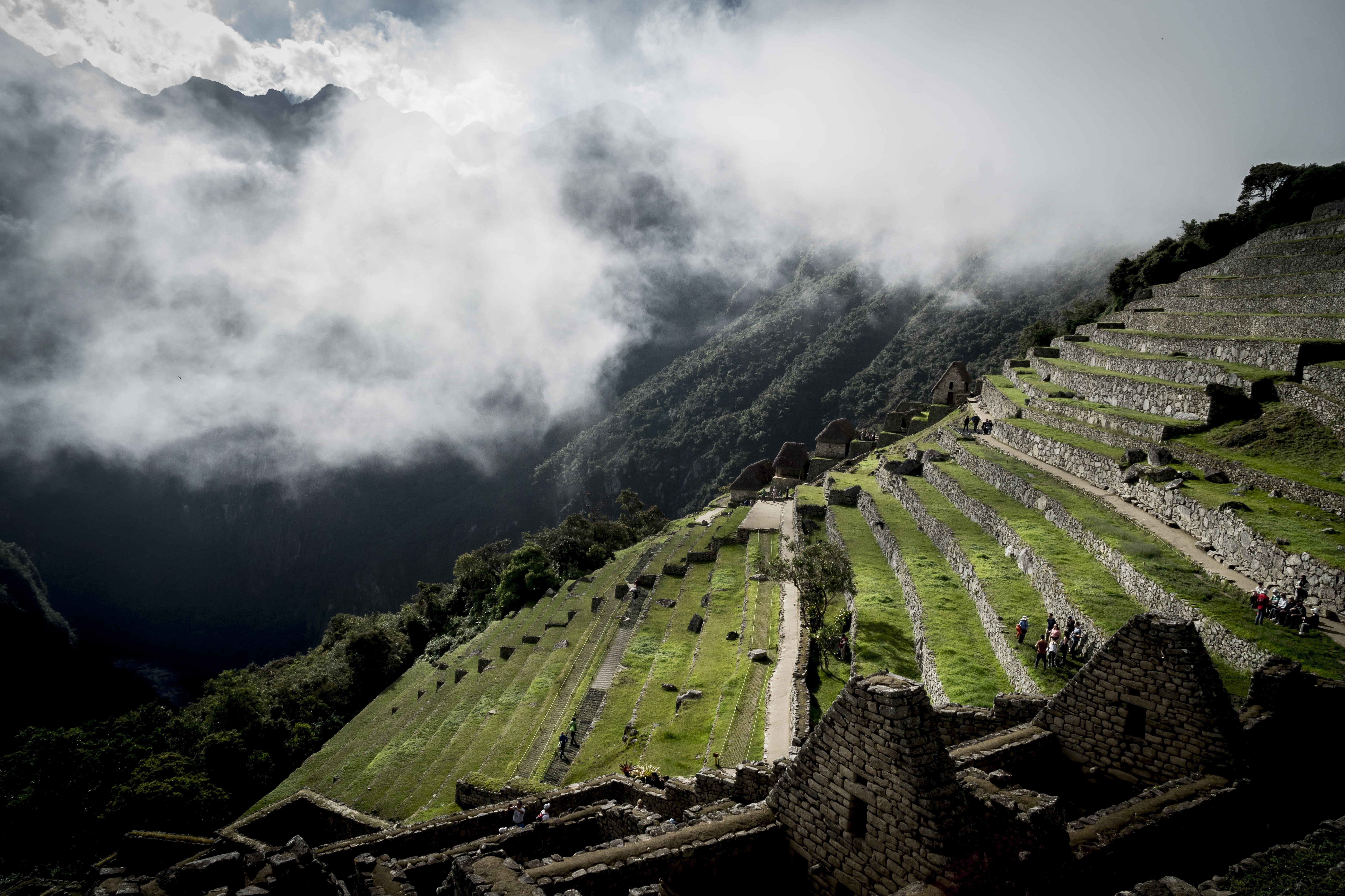 grass, architecture, smoke, terraces, 5K, environment, city, fog, green color, ancient civilization, tranquil scene, ancient, nature, building, HD Wallpaper