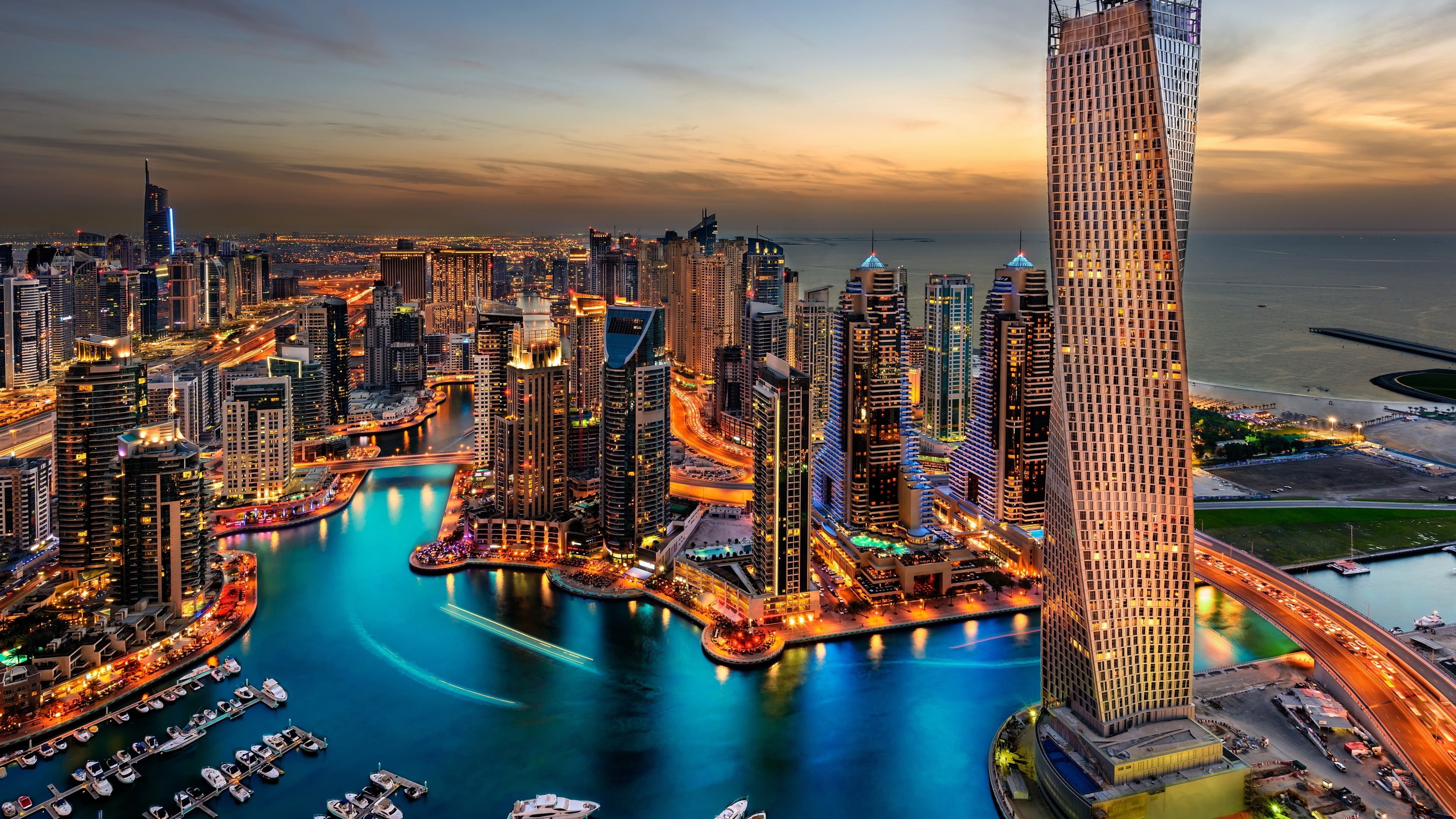 building, sunset, building exterior, illuminated, cityscape, 4K, outdoors, tall - high, city, built structure, bridge - man made structure, water, sky, HD Wallpaper