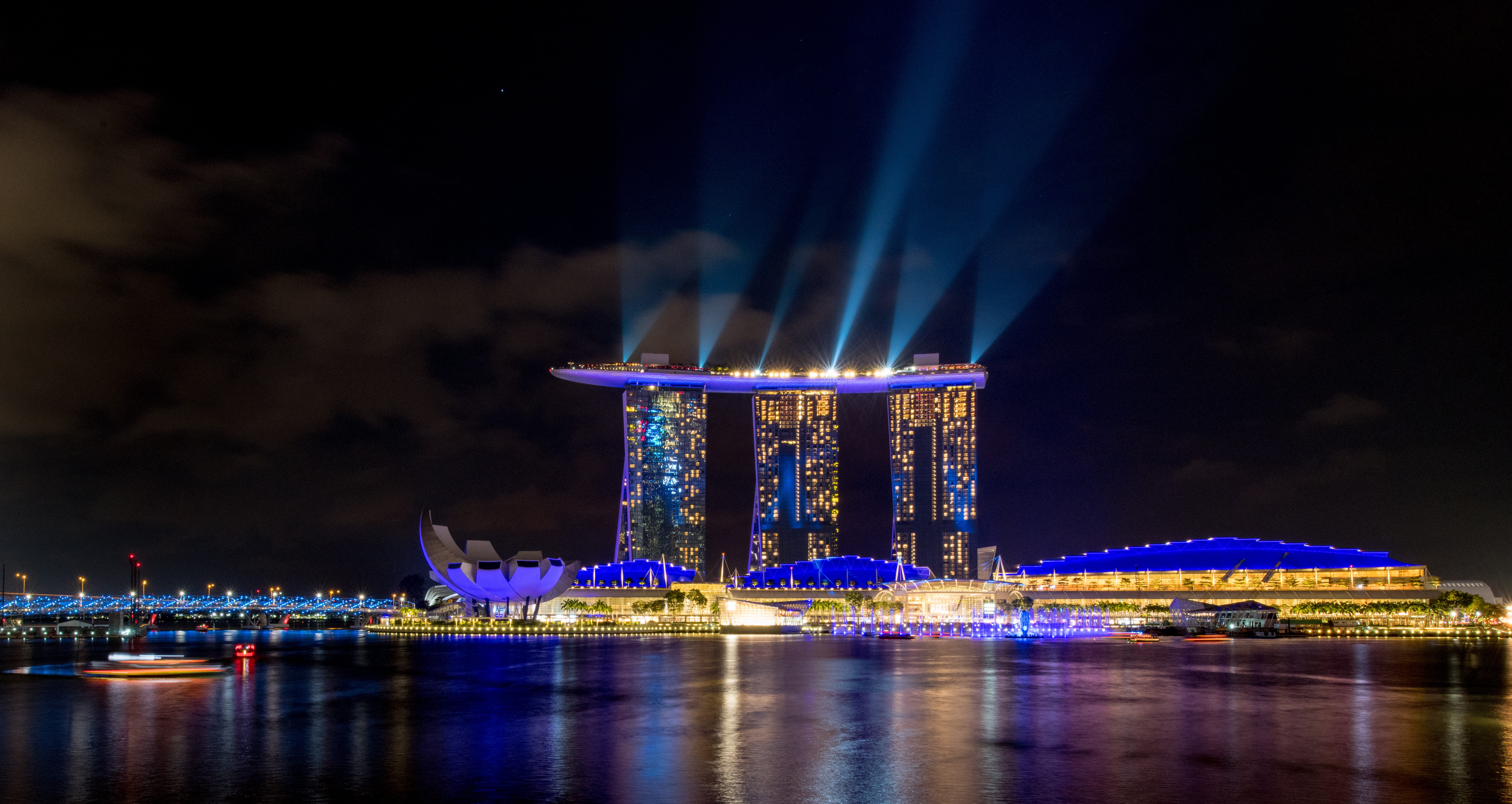 luxury, cityscape, singapore, skyscraper, architecture, new years eve, hotel, bay, illuminated, urban, waterfront, nature, long exposure, travel destinations, HD Wallpaper
