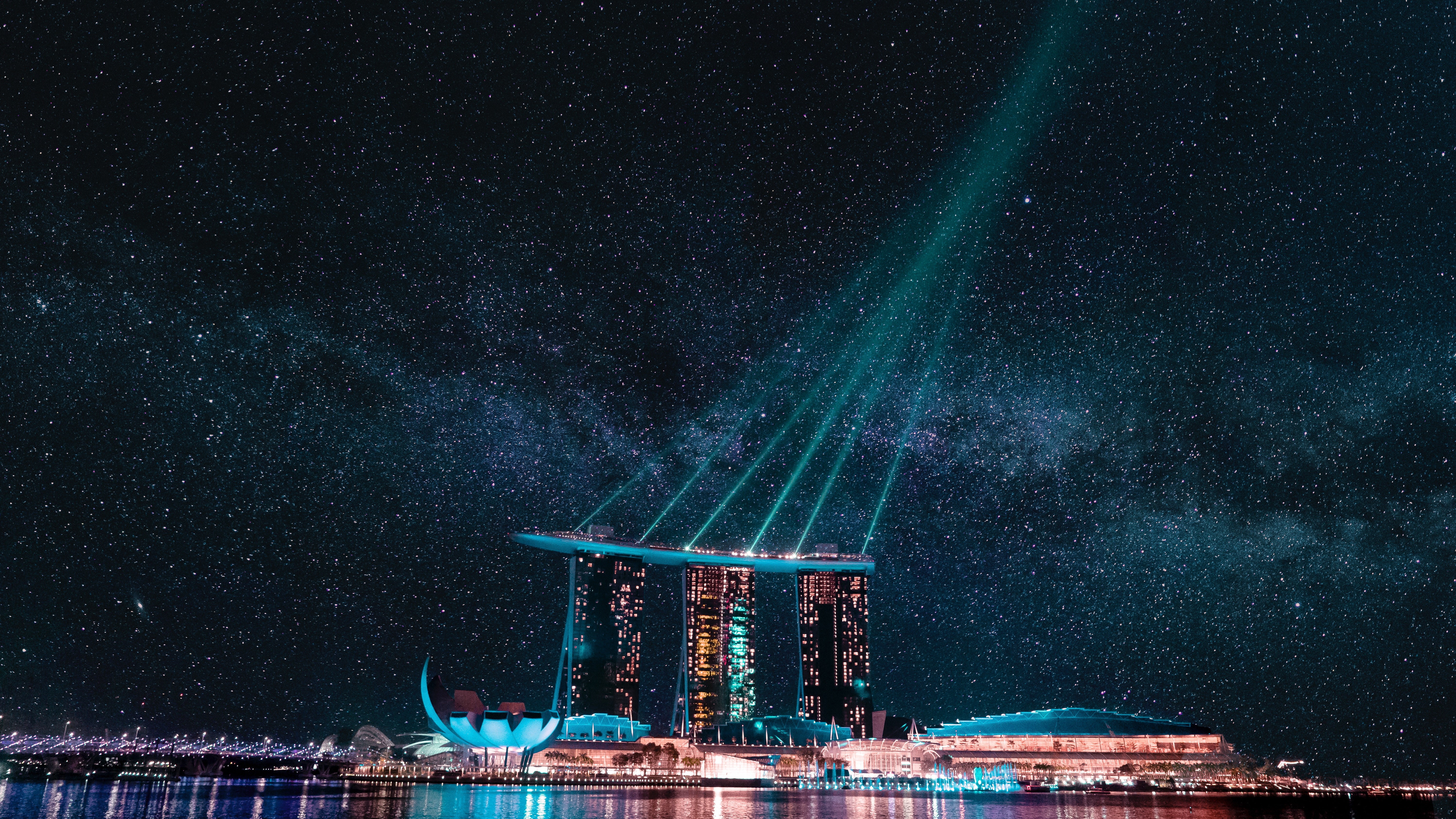 5K, Buildings, Marina Bay, Singapore, Marina Bay Sands, Sky, Night, HD Wallpaper