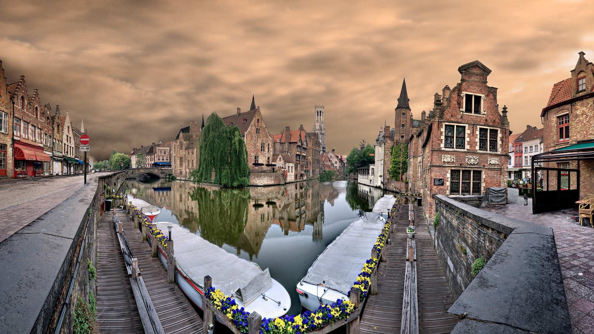 city, road, HDR, panoramic, connection, Bruges, old, built structure, abstract, 1080P, outdoors, sky, cityscape, building, bridge - man made structure, HD Wallpaper