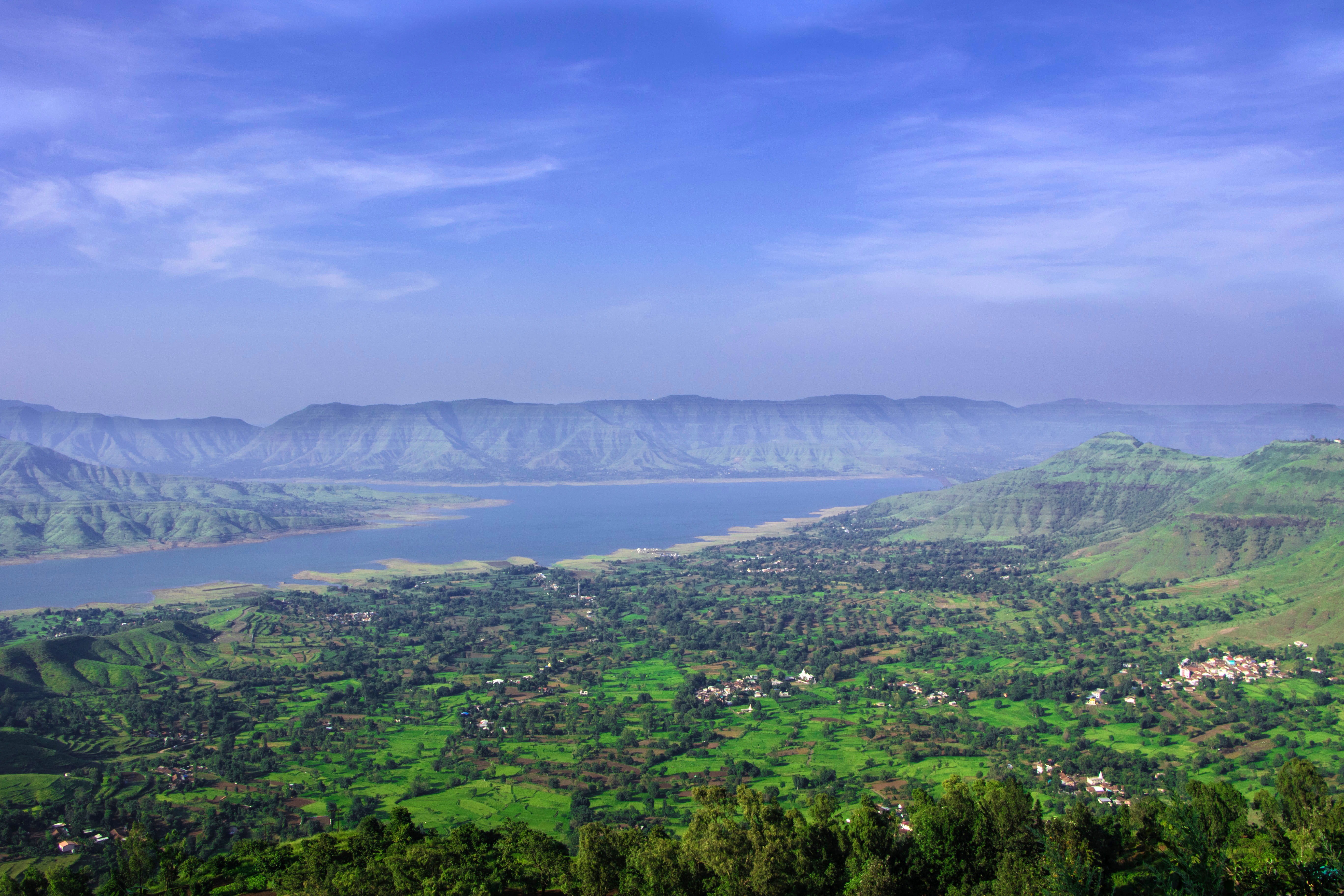 Landscape, volcano, hills, nature, horizon, beauty in nature, blue, water, India, rural Scene, cloud - Sky, public domain, outdoors, travel destinations, HD Wallpaper