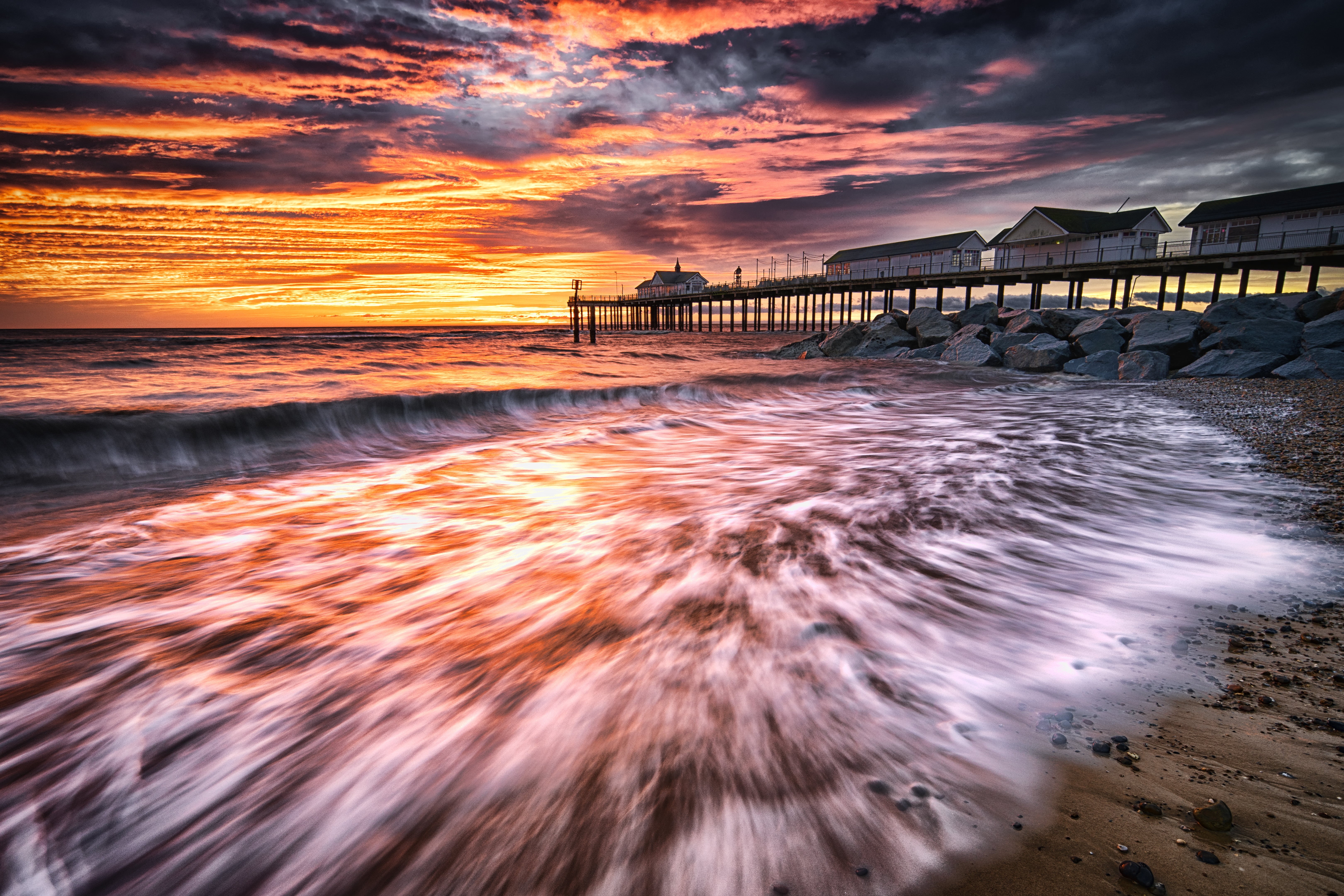 sun, panoramic photo, nature, docks, southwold, photo, samsung  NX1, panoramic, landscape, 5K, jones, rocks, beach, sea, dawn, Southwold Pier, water, dusk, HD Wallpaper