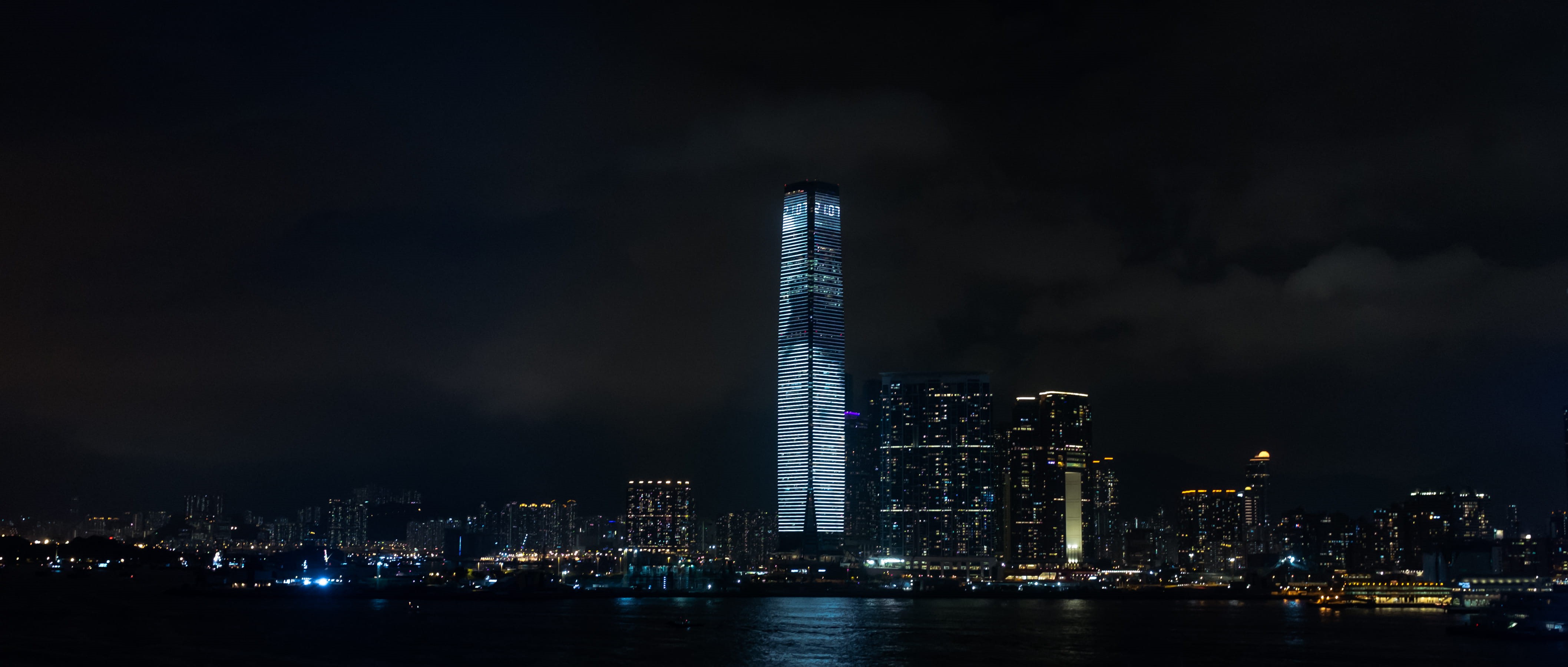 sky, bay, built structure, night, outdoors, 4K, waterfront, nightlife, lights, neons, landscape, travel destinations, water, skyscraper, river, china, HD Wallpaper