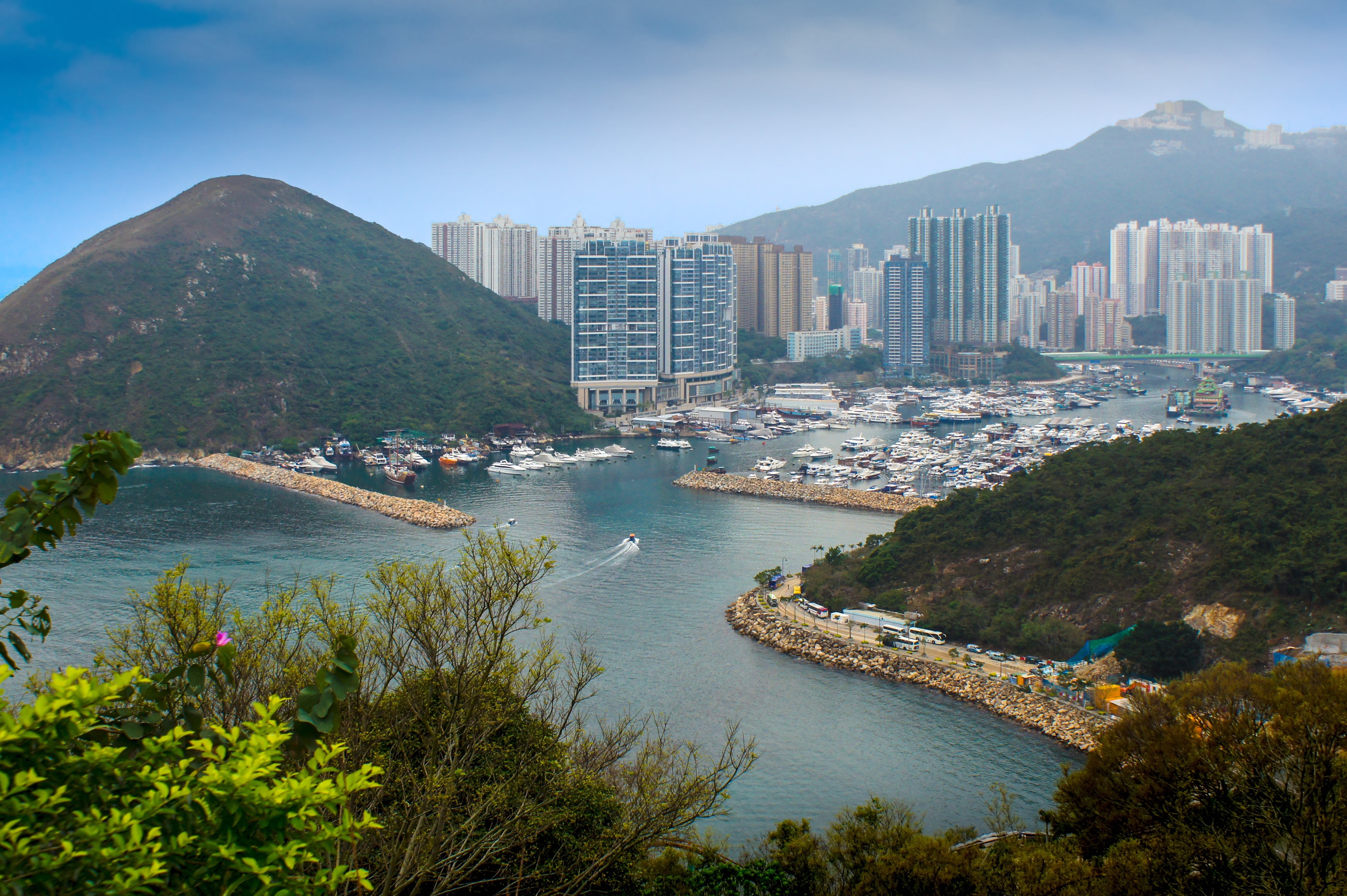 park, china, water, outdoors, near, office building exterior, plant, rise, day, architecture, city, mountain range, bay, transportation, hong kong ocean park, HD Wallpaper