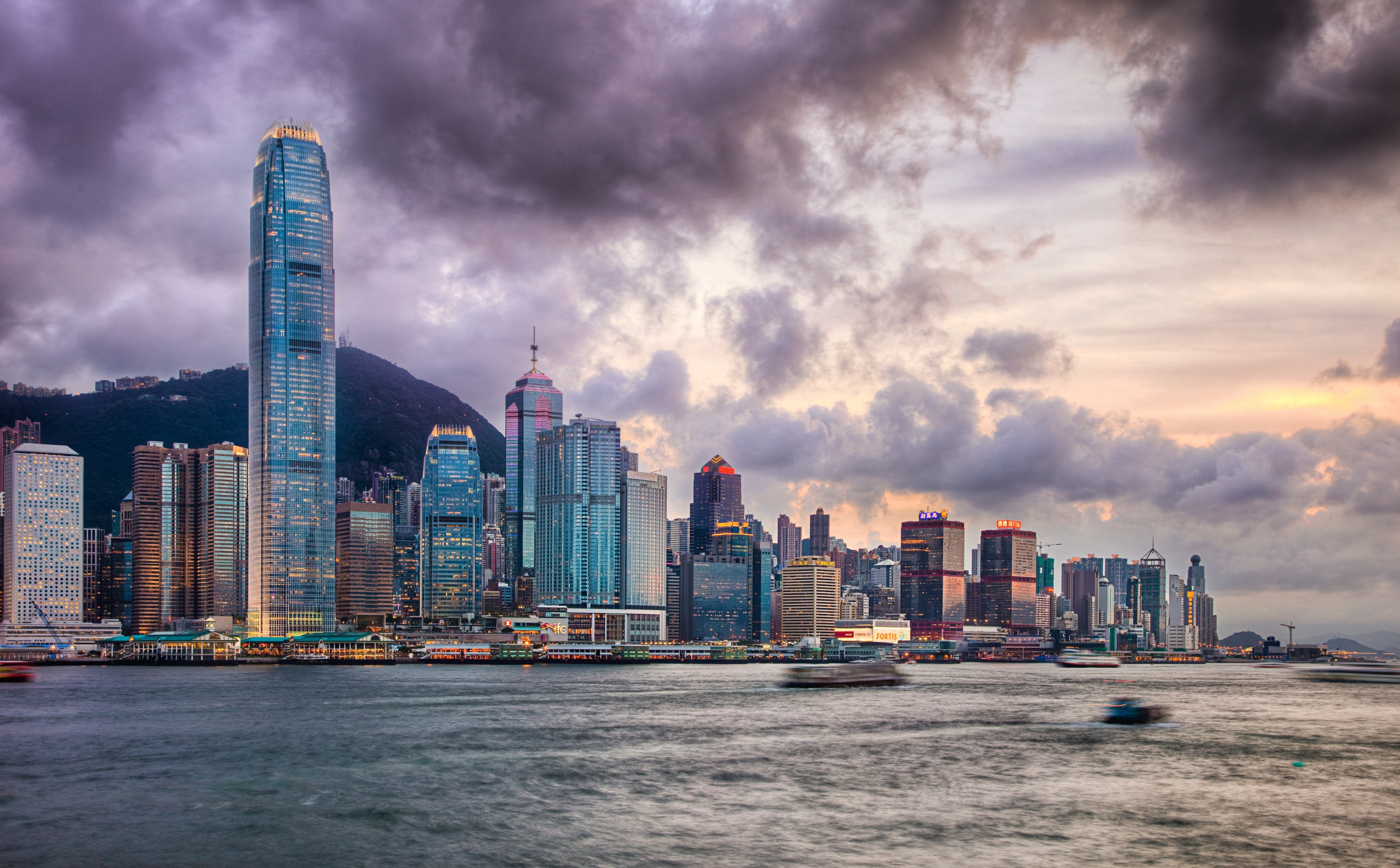 victoria, harbour, architecture, building exterior, Mountain, hong, Asia, landscape, victoriaharbour, kong, Water, hongkong, no people, cloud - sky, hdr, HD Wallpaper