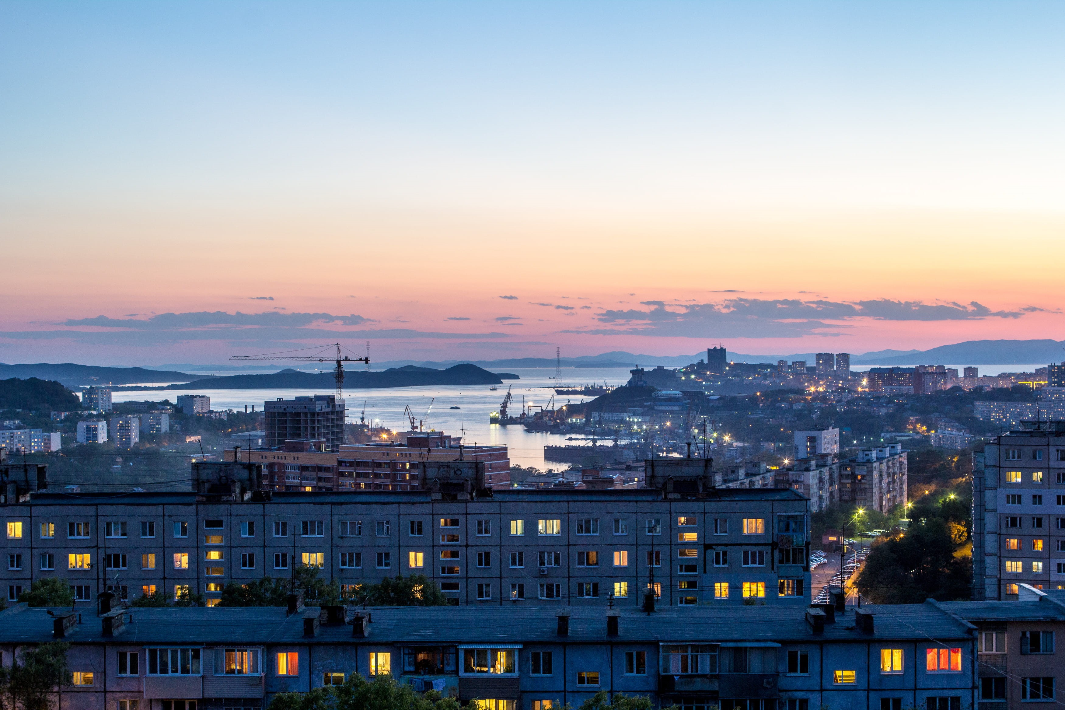 dusk, high angle view, residential district, sunset, urban, built structure, city, far east, vladivostok, east, copy space, illuminated, владивосток, sea, HD Wallpaper