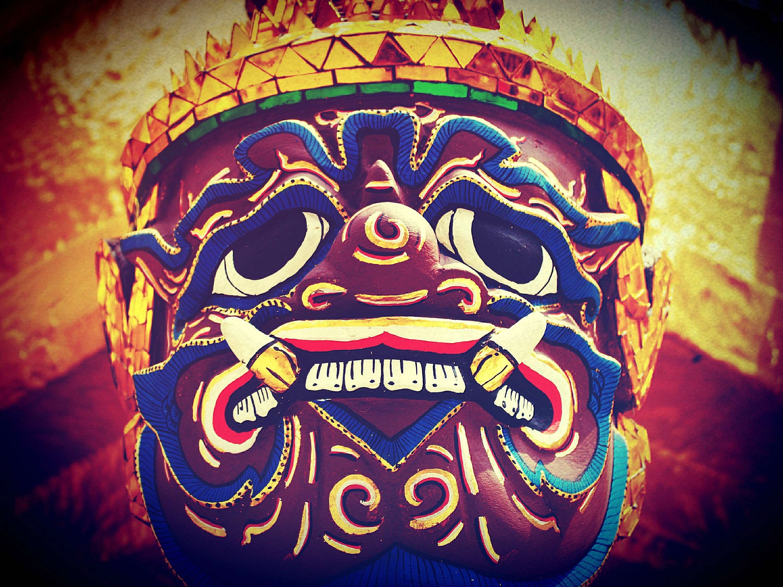 bangkok, golden, no people, asia, guardians, male likeness, vignette, close-up, demonic, blue, day, decorative, multi colored, art and craft, mythical, HD Wallpaper