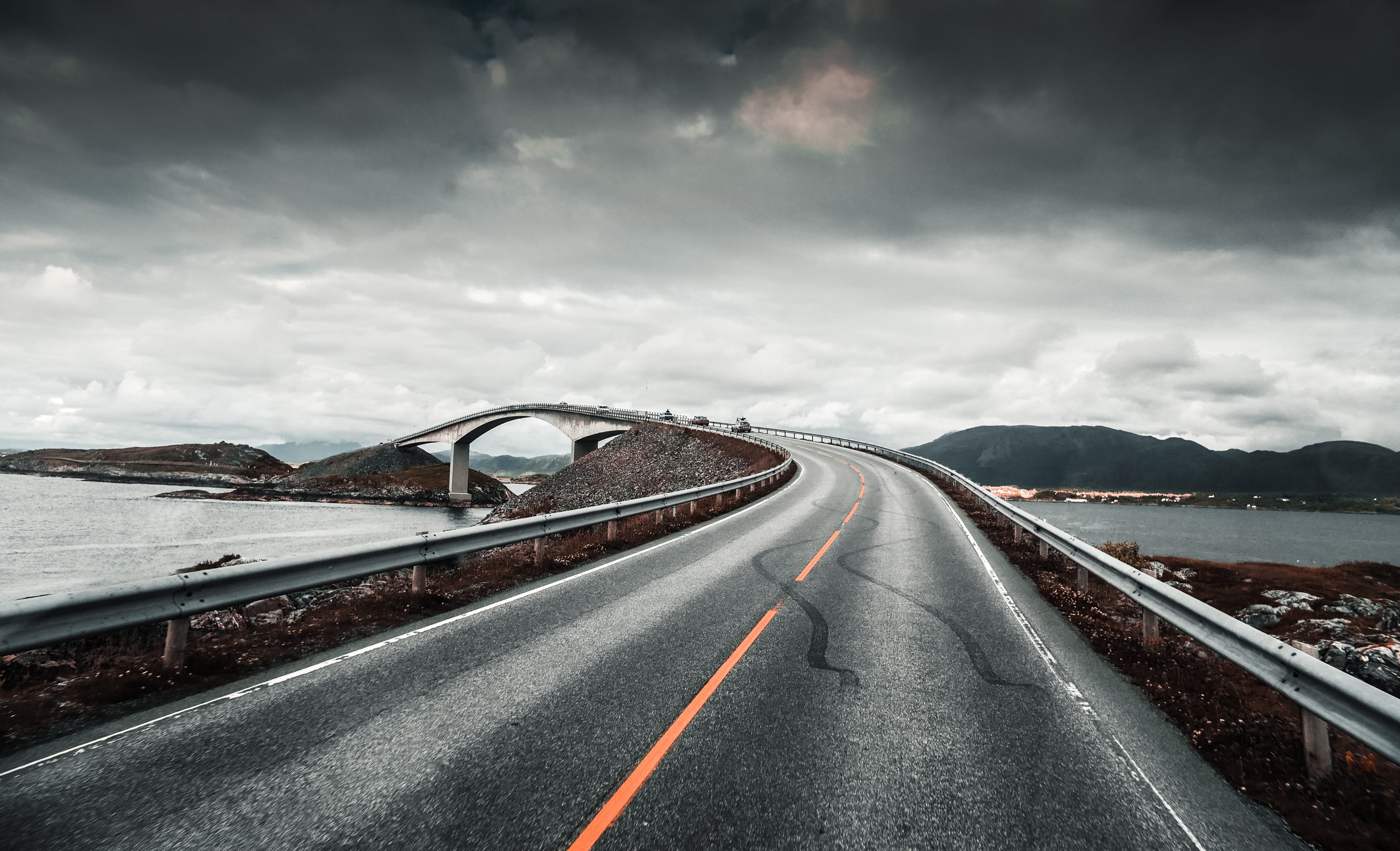 moody, asphalt, day, multiple lane highway, norway, winter, cloud - sky, park, road marking, symbol, road, bridge, marking, direction, vanishing point, HD Wallpaper