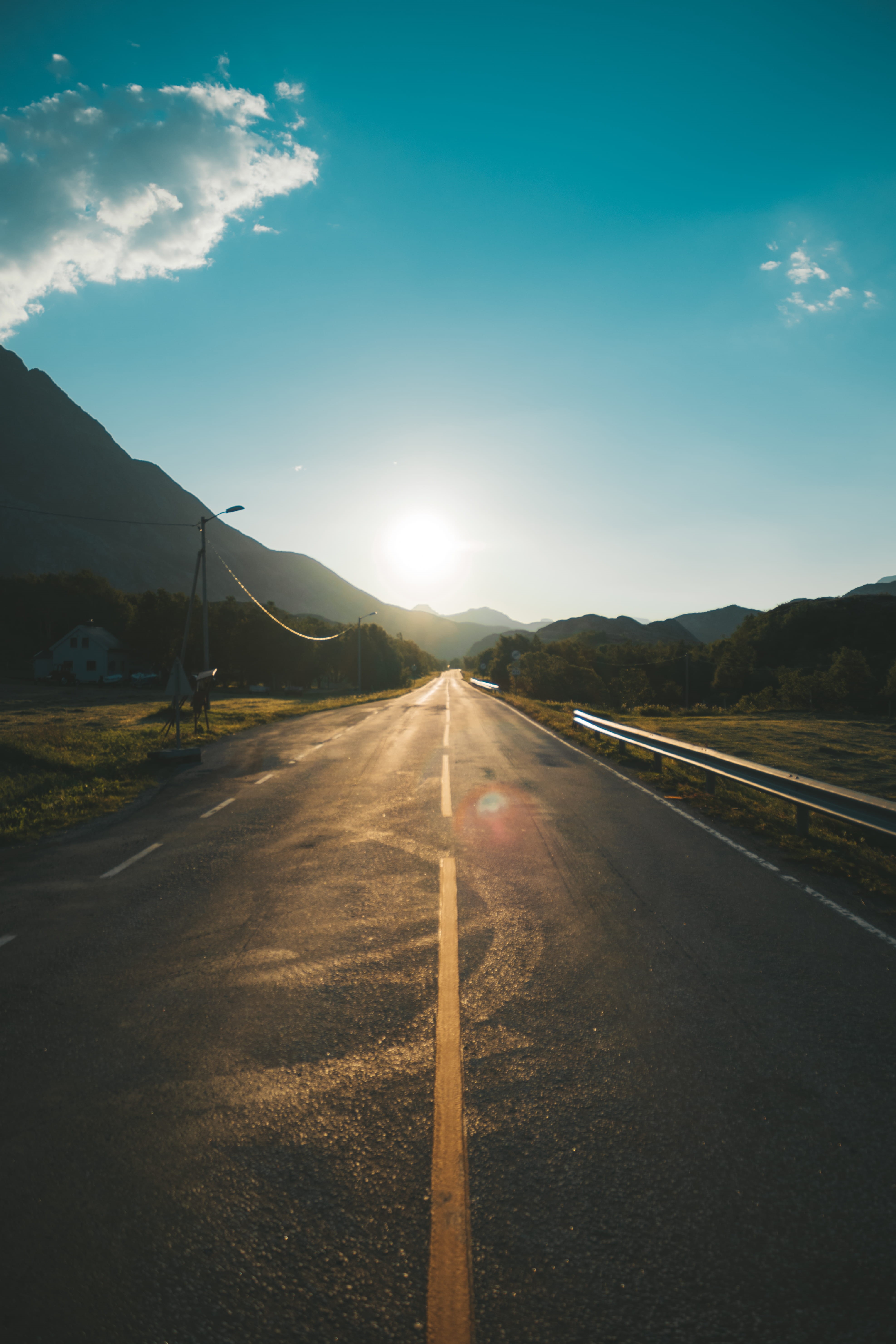 vanishing point, norway, sunlight, sky, road marking, ontheroad, tranquil scene, tranquility, outdoors, sunrise, explore, lapland, 5K, trip, cloud - sky, Phone HD Wallpaper