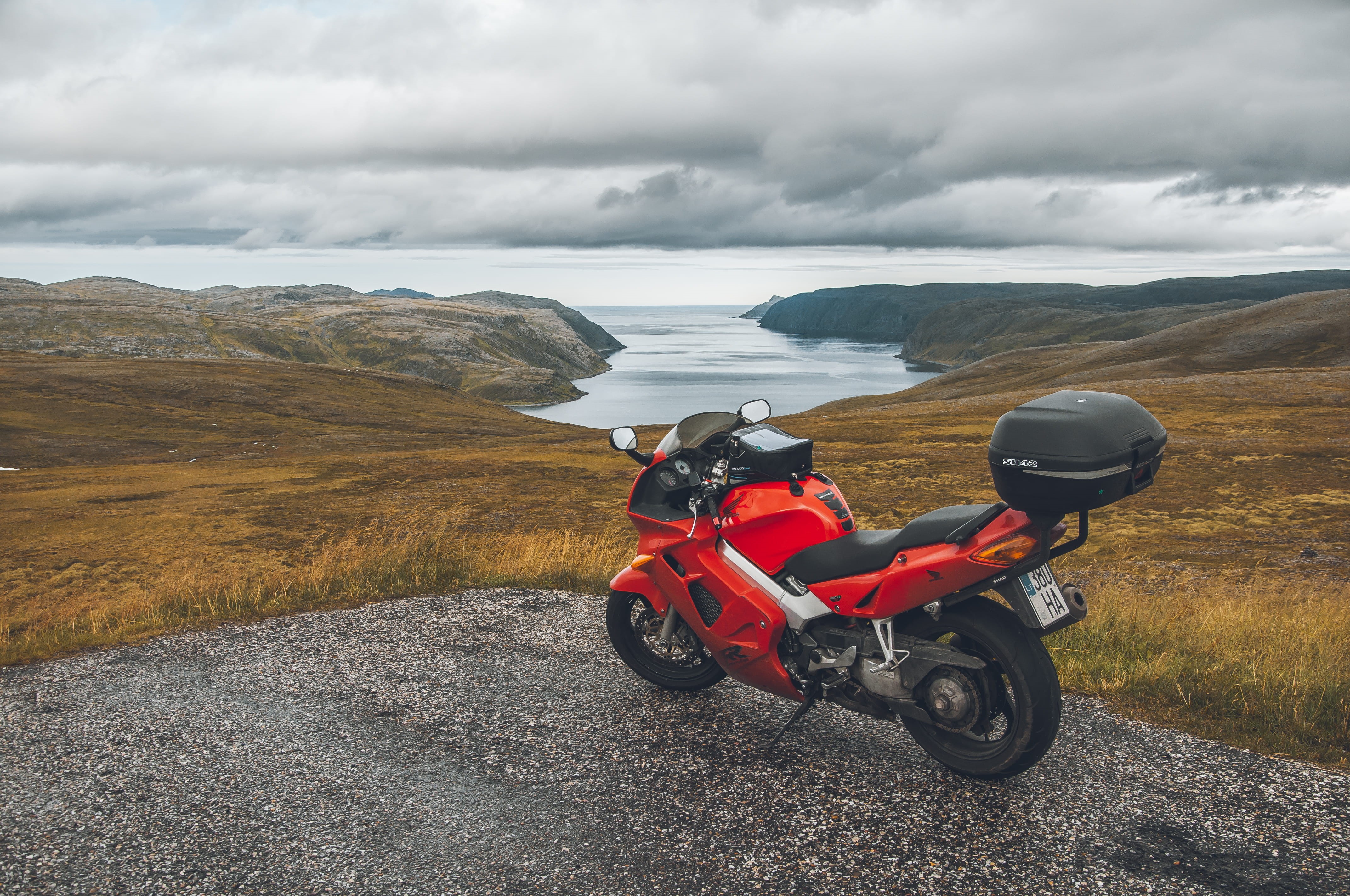 beauty in nature, cloud - sky, fiords, road, honda, roadtrip, nordkapp municipality, gravel, vfr 800, sky, sports, nature, motor scooter, dirt road, environment, HD Wallpaper