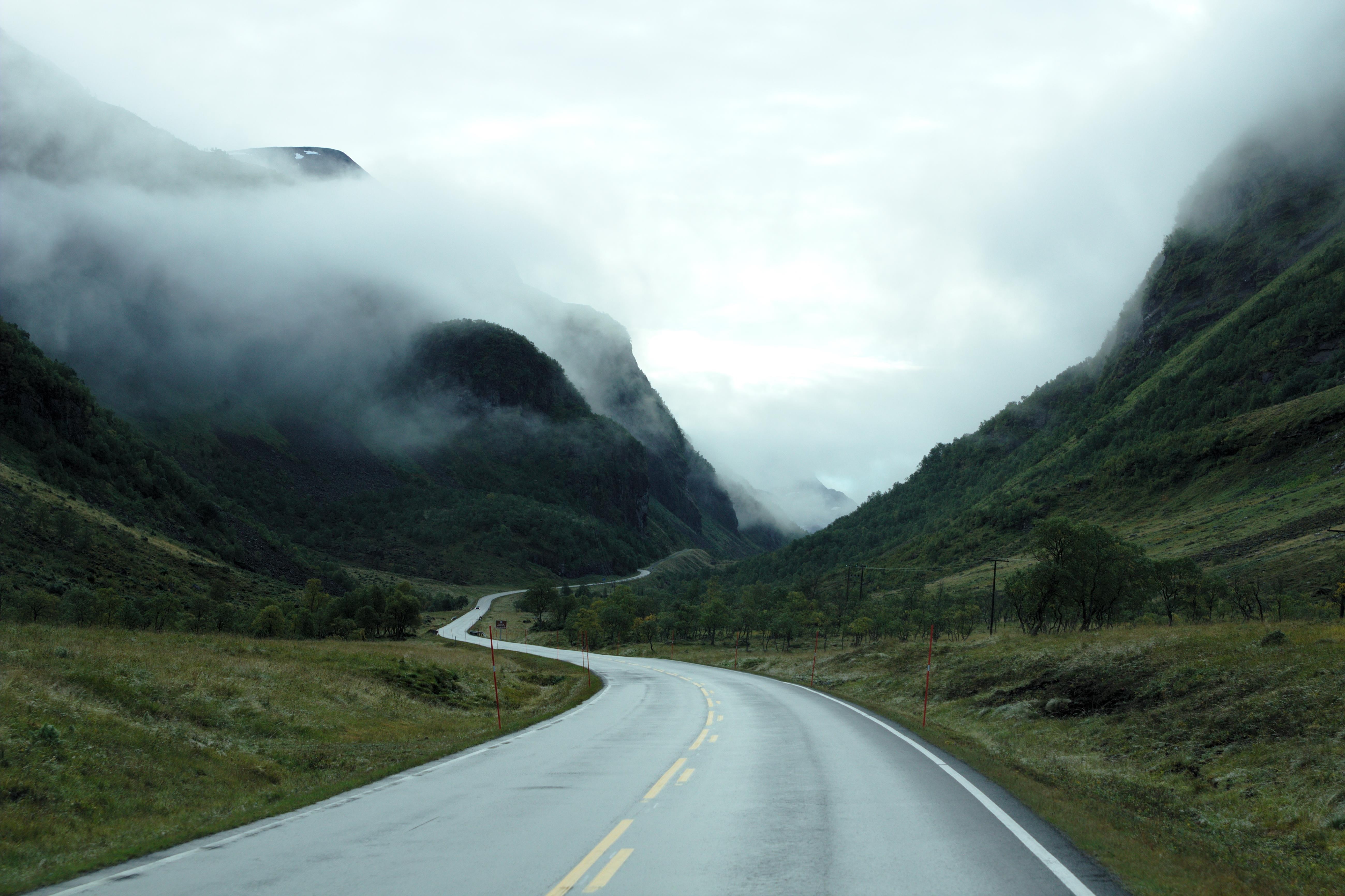 nature, road marking, tranquil scene, sky, foggy, scenics, cloud - sky, beauty in nature, direction, road trip, non-urban scene, transportation, sign, no people, HD Wallpaper