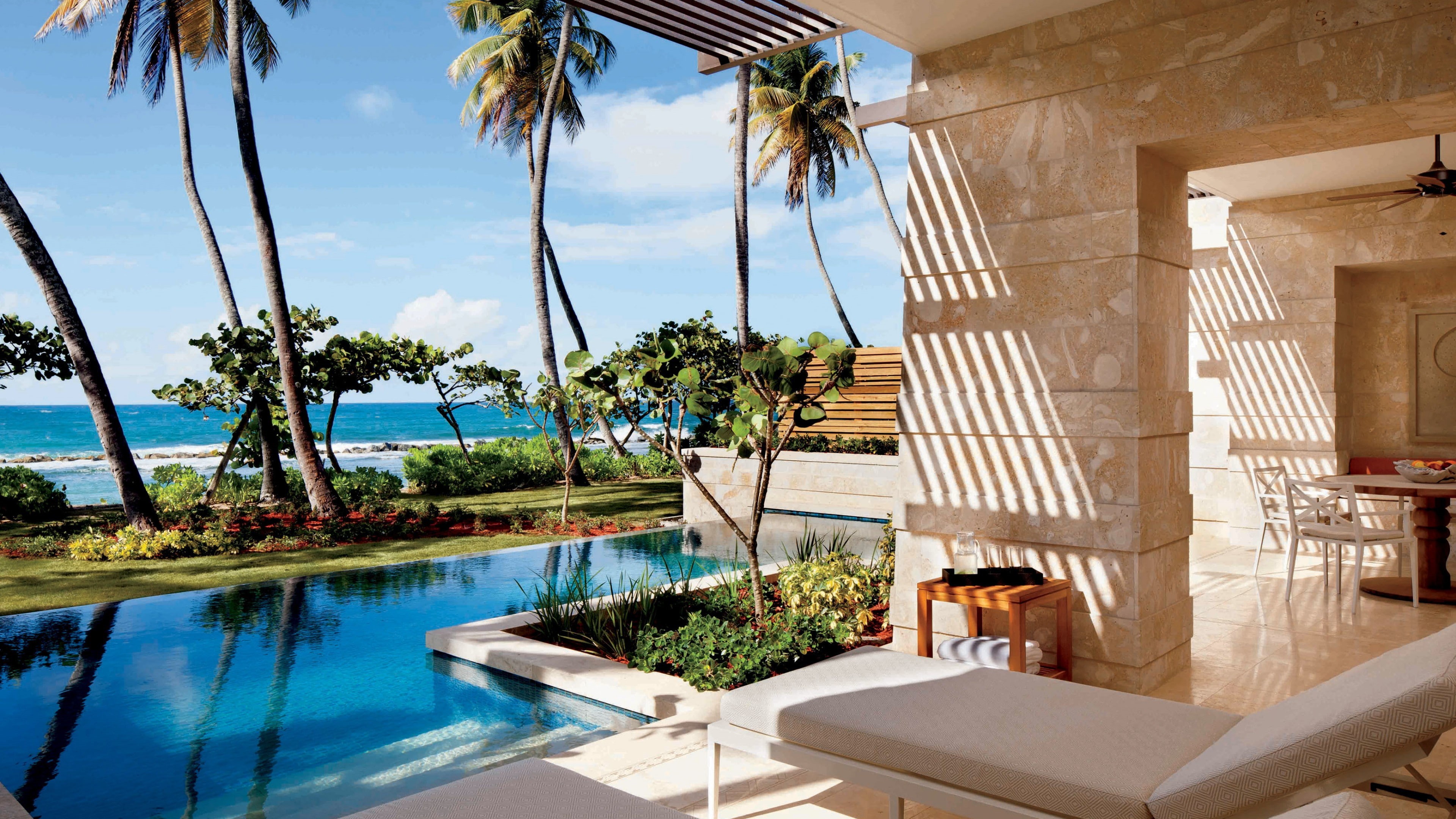 travel, 4K, resort, The best hotel pools 2017, vacation, pool, Dorado, tourism, palms, Puerto Rico, Ritz-Carlton Reserve, sunbed, HD Wallpaper