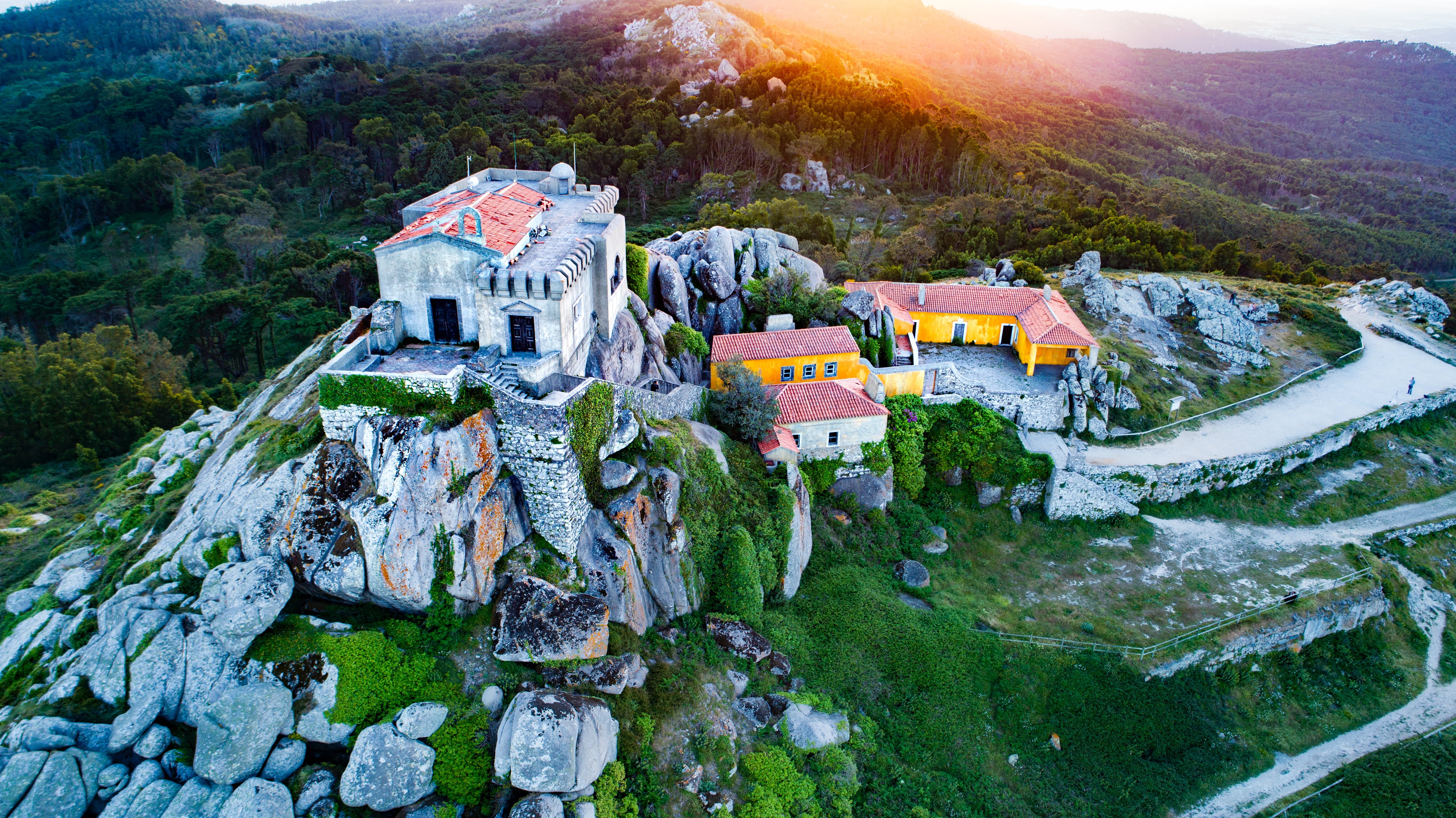 penha, on top, famous Place, white, resort, Colares, PT, Lisbon, com, nature, Ritz Carlton, da, red, Santuário, Portugal, hdr, dji, mountain, houses, yellow, HD Wallpaper