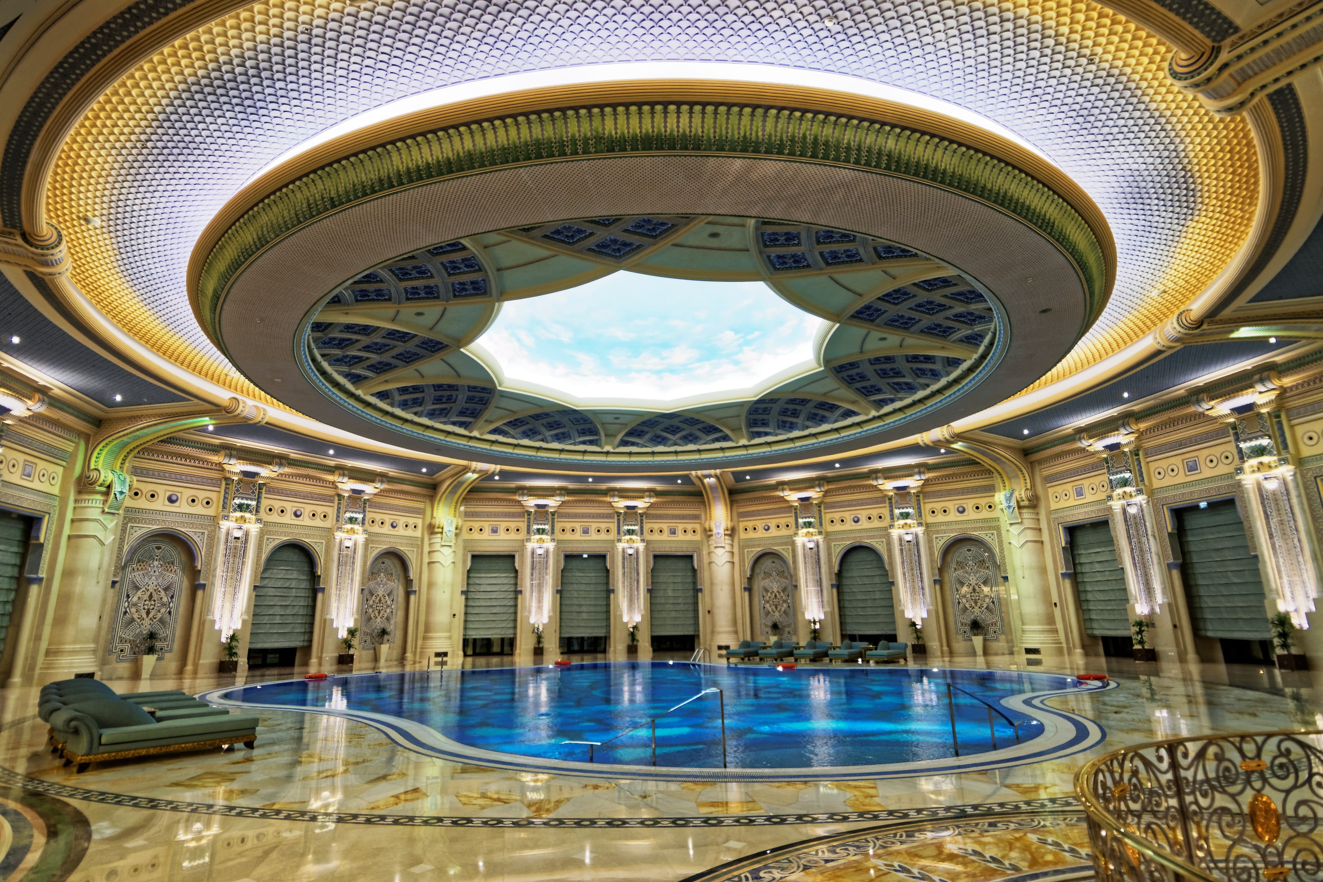 city, swimming pool, architectural column, illuminated, tourism, steel, ceiling, low angle view, built structure, the ritz-carlton, travel destinations, HD Wallpaper