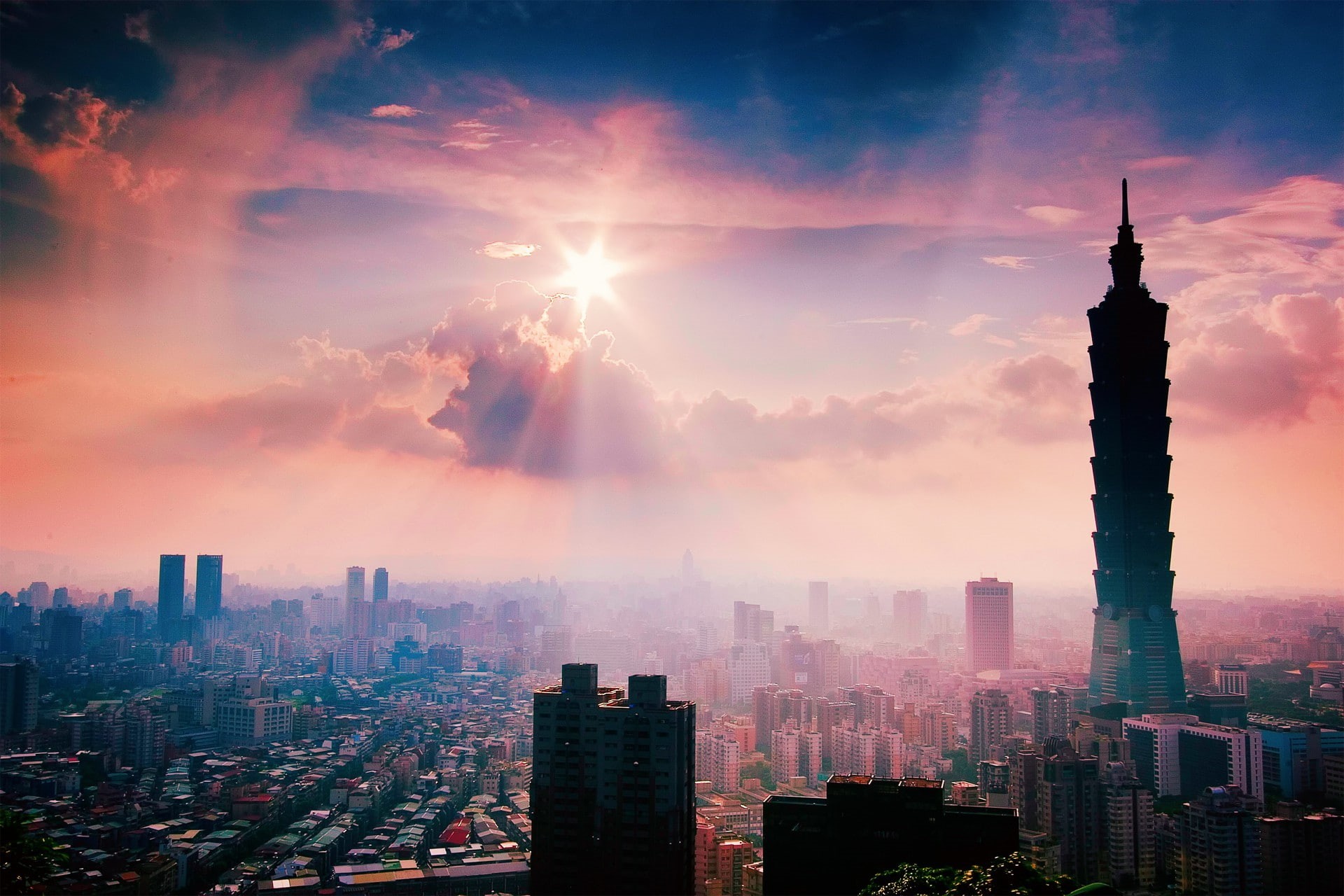 taiwan, summer, province, the city of Taipei skyscraper, china, after rain, 1080P, Taipei 101, Taiwan Province of China, sun, HD Wallpaper
