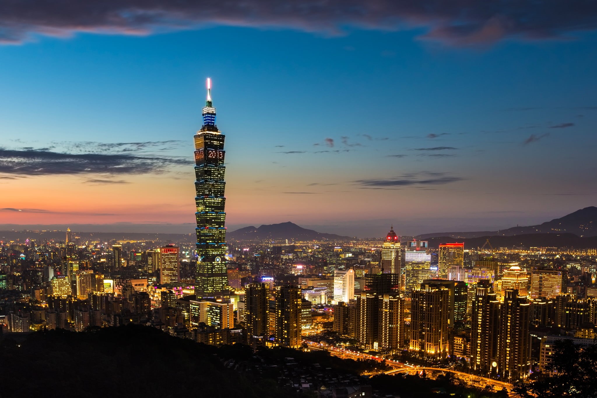 building, evening, illuminated, spire, night, building Exterior, nature, taipei 101, panoramic, urban Skyline, 1080P, famous Place, blue, mountain Peak, HD Wallpaper