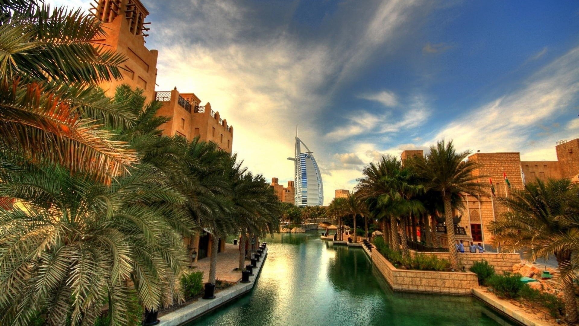 building, canal, travel destinations, tourism, cloud - sky, building exterior, 1080P, sky, city, skyscraper, landscape, palm tree, water, travel, Burj Al Arab, HD Wallpaper