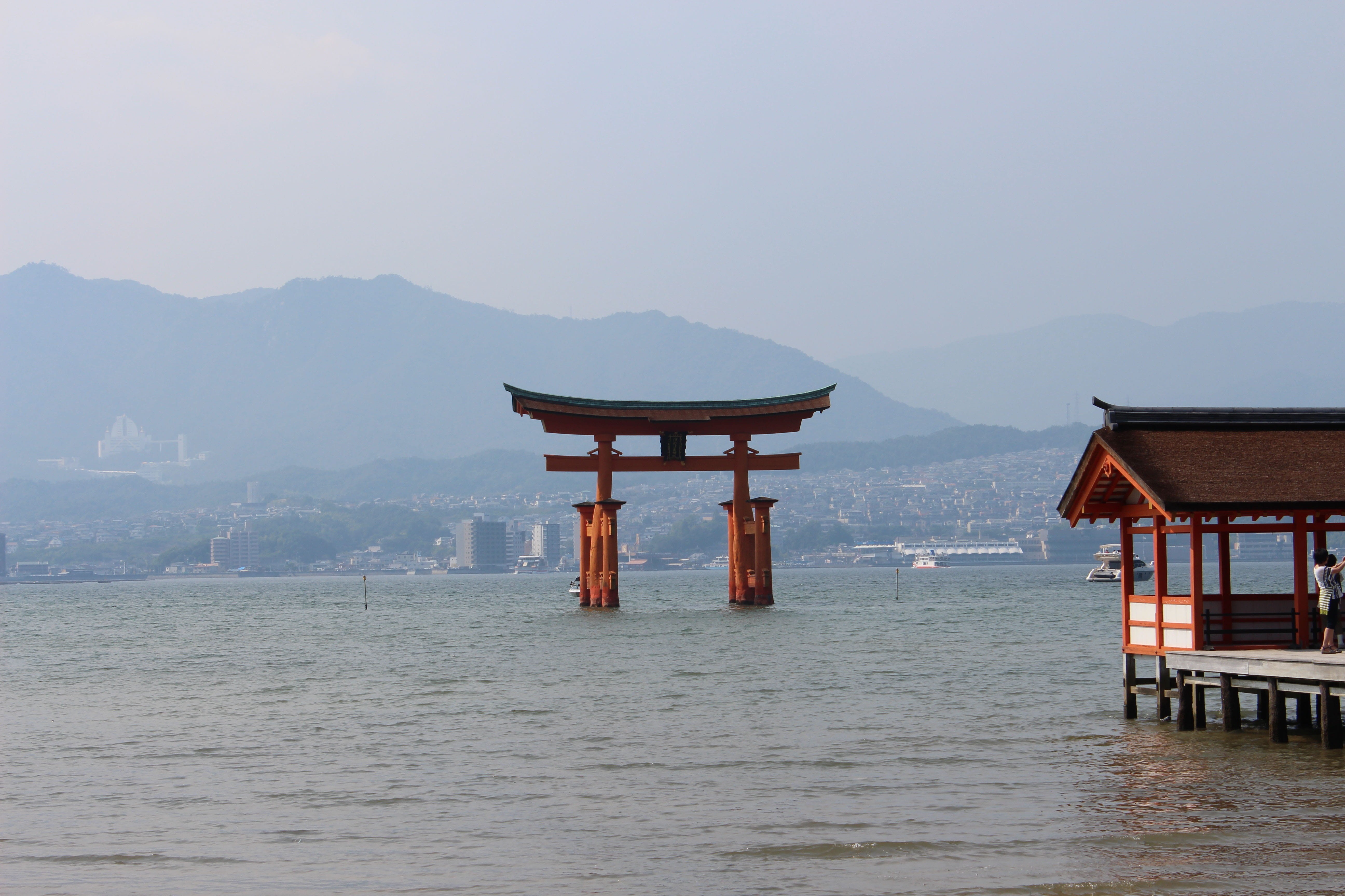 Torii, travel, no people, outdoors, tranquil scene, 5K, architecture, nature, sea, miyajima, Shinto Shrine, architectural column, shrine, building exterior, HD Wallpaper