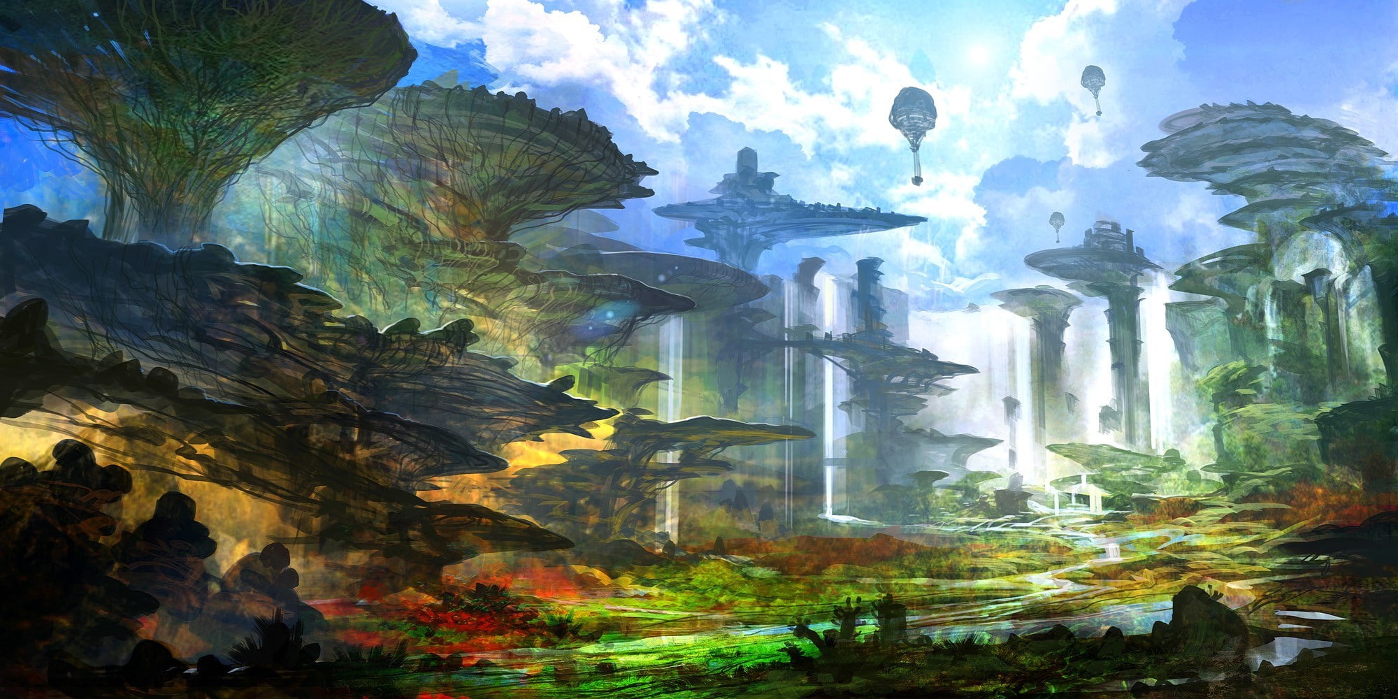Feng Zhu, Futuristic, art and craft, outdoors, creativity, digital art, travel destinations, water, sky, 1080P, Trees, tree, architecture, artwork, plant, HD Wallpaper
