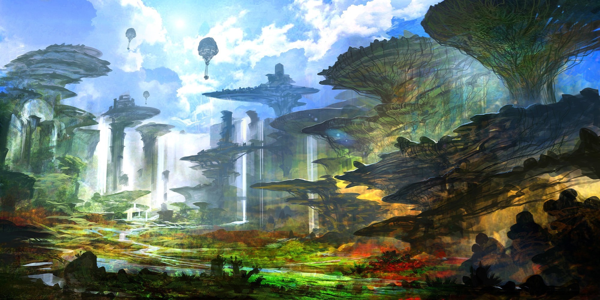 fantasy art, video games, feng zhu, 1080P, concept art, science fiction, Chrono Cross, trees, artwork, futuristic, digital art, HD Wallpaper