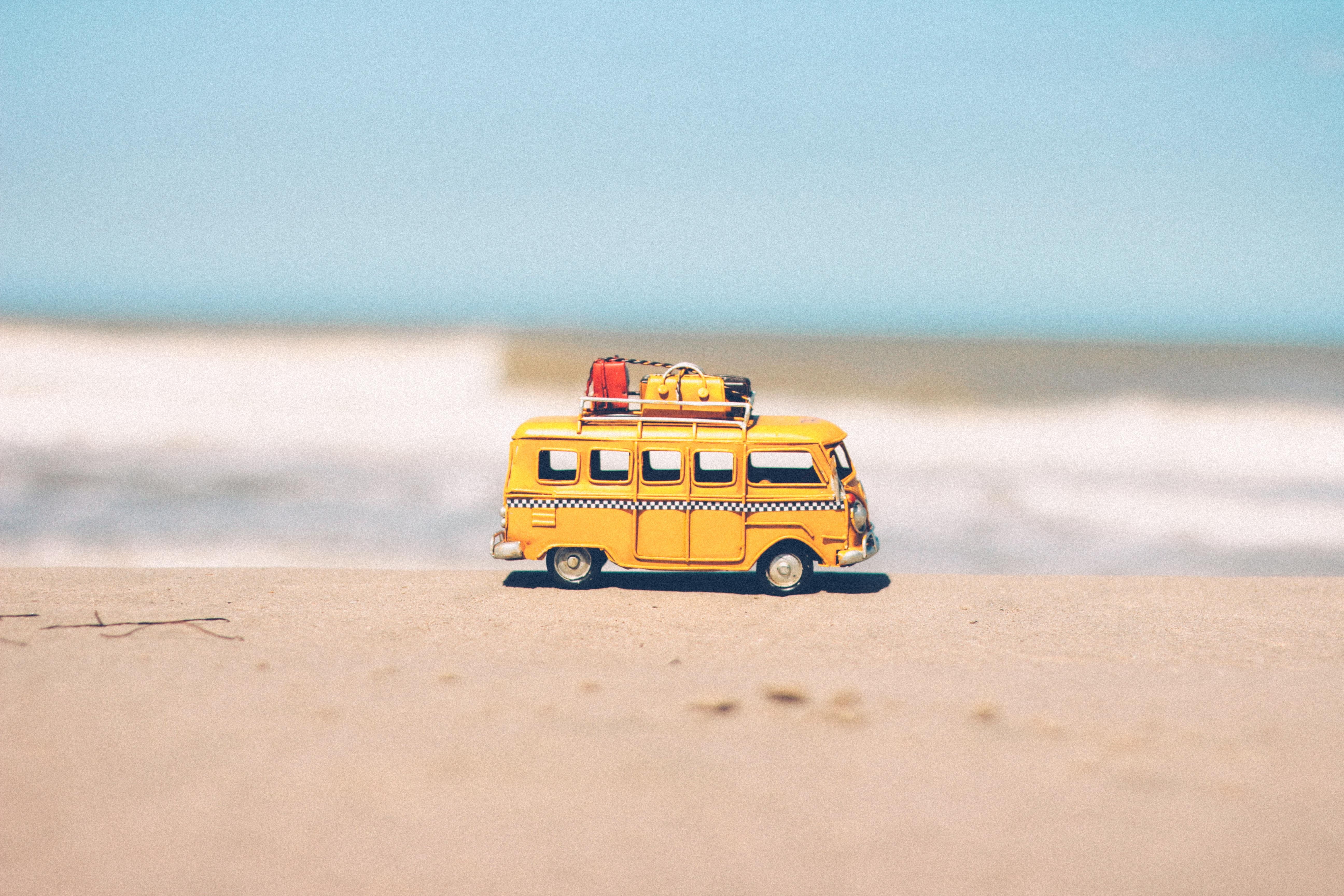 motor vehicle, recreation, 5K, transportation, sand, yellow, car, vehicle, RV, campervan, taxi, volkswagen, leisure, water, sea, motorhome, toy car, seashore, HD Wallpaper